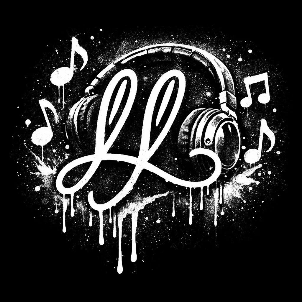 Black and white graffiti-style artwork of headphones with musical notes and splatters, featuring a large stylized 'L' and 'L' in the center.