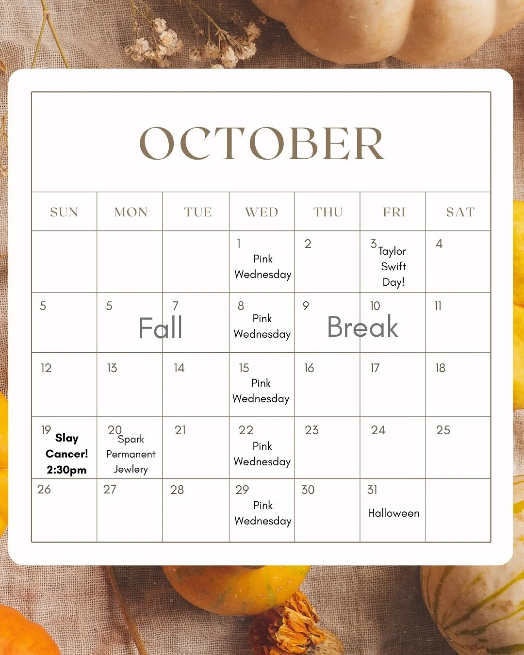 Happy Fall Y&rsquo;all!! 🍁

We&rsquo;ve got some fun things planned this month, so wanted to keep you up to date! 

💛Oct 3: Taylor Swift Day!
🍁Oct 5-10: Fall Break = lighter schedule
🩷Oct 19: Slay Cancer!  Sweat for a Cause!
💫Oct 20: Spark Perma