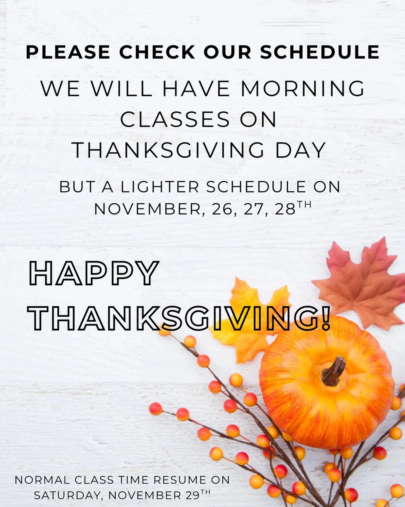 Quick reminder that we will have a lighter class schedule this week to celebrate Thanksgiving and spend some extra time with family. 🦃

We WILL have a 6 and 7am class on Thanksgiving Day but no midday or evening classes.

Morning classes only on Thu