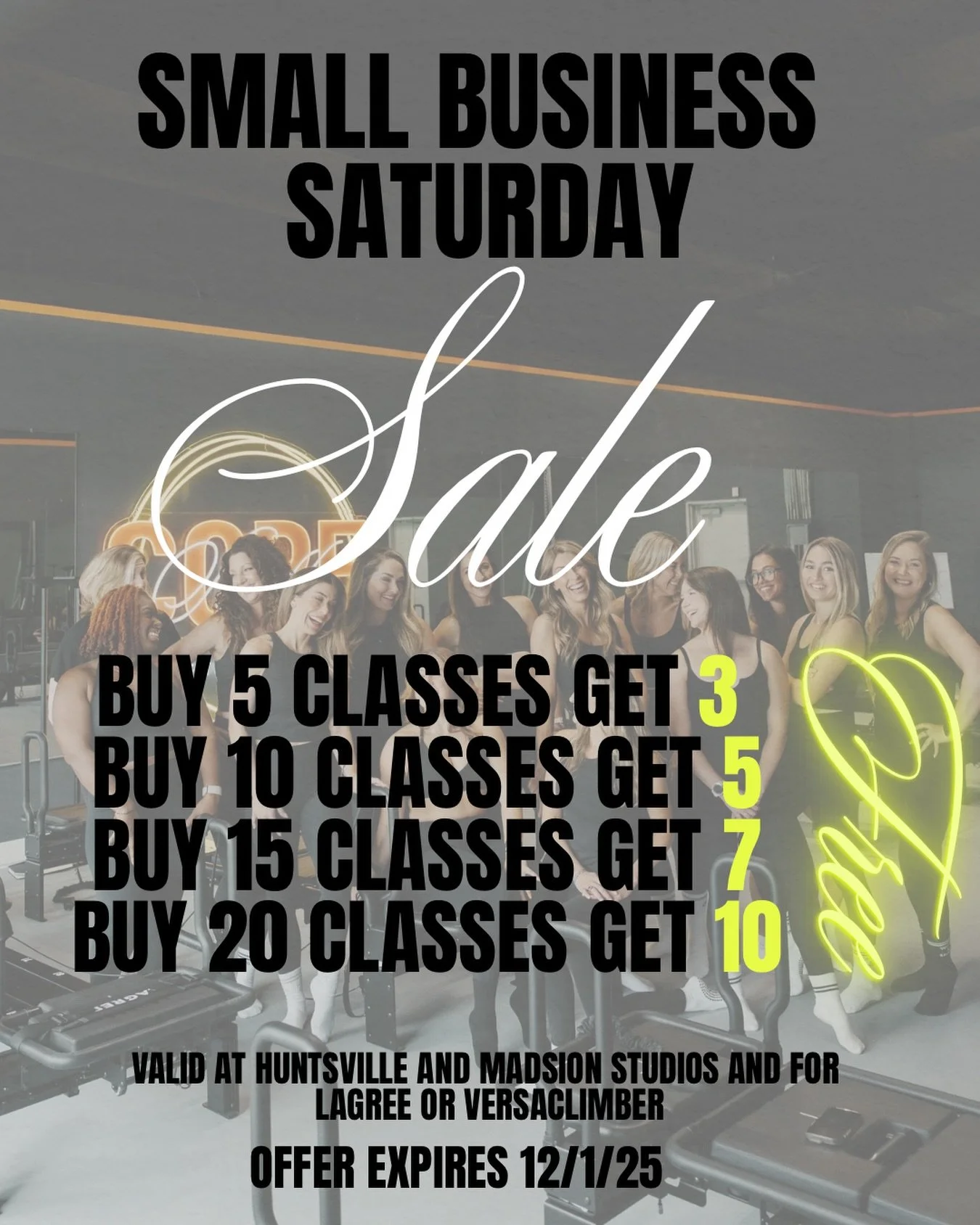 📢𝐒𝐌𝐀𝐋𝐋 𝐁𝐔𝐒𝐈𝐍𝐄𝐒𝐒 𝐒𝐀𝐓𝐔𝐑𝐃𝐀𝐘📢

First annual Small Business Saturday&hellip; plus a few days 😉

Buy 5 classes, get 3 FREE: $150
Buy 10 classes, get 5 FREE: $279
Buy 15 classes, get 7 FREE: $399
Buy 20 classes, get 10 FREE: $525

Th