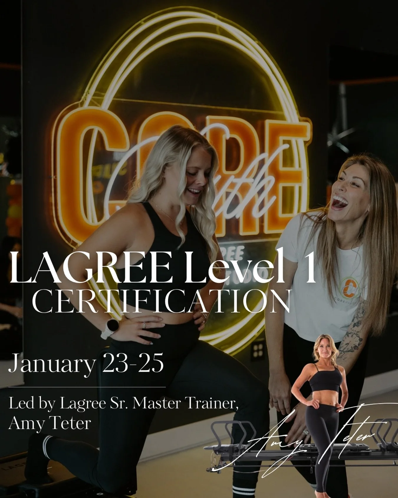 LAGREE LEVEL 1 CERTIFICATION

We are opening up our January, Level 1 Certification to a select few.  Limited spots available.

January 23: 4-8pm
January 24: 11-6pm
January 25: 11-6pm

Led by Lagree Sr. Master Trainer, Amy Teter

Location: CoreSouth M