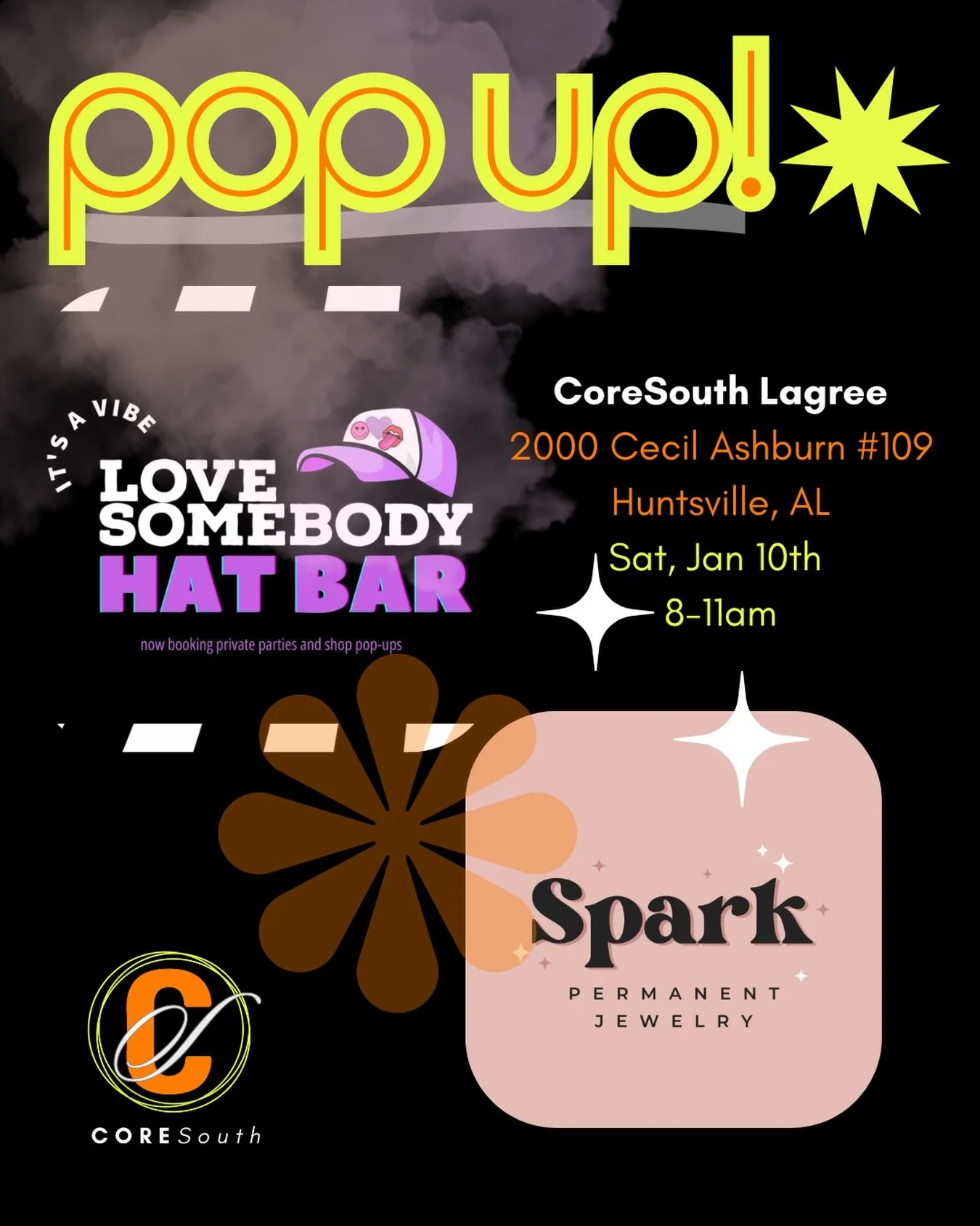 📣 POP UP!! 

Looking for some fresh new accessories or swag for the new year that is 100% YOU!? Visit our Huntsville studio this Saturday!! We are excited to welcome both Spark Permanent Jewelry and Huntsville Hat Bar!

When and Where:
📍2000 Cecil 