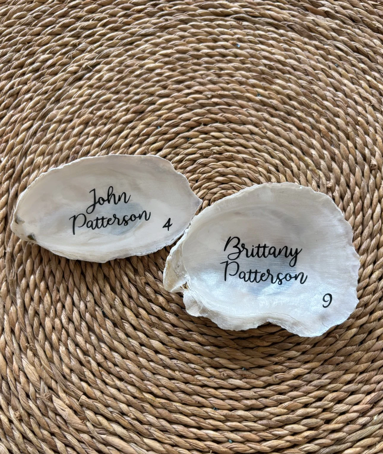 oyster shell escort or place cards, oyster shell cards, oyster shell names, pearlescent oyster shell, oyster shell gift, oyster shell wedding, oyster shell favor, oyster shell decor