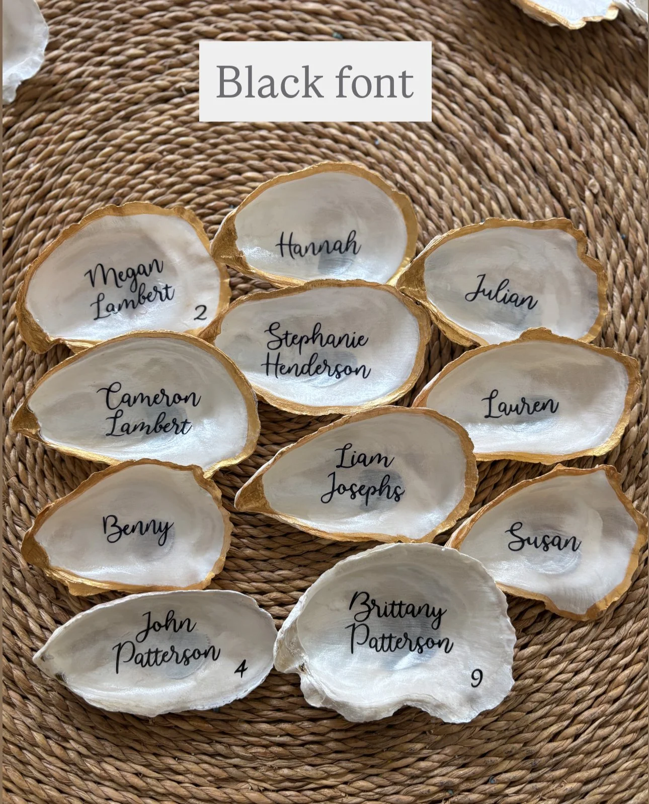 oyster shell escort or place cards, oyster shell cards, oyster shell names, pearlescent oyster shell, oyster shell gift, oyster shell wedding, oyster shell favor, oyster shell decor