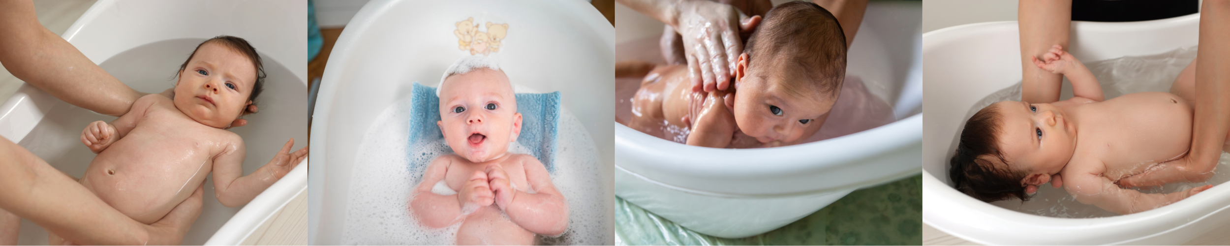 Four images of babies taking baths, with an adult helping the babies in the water.