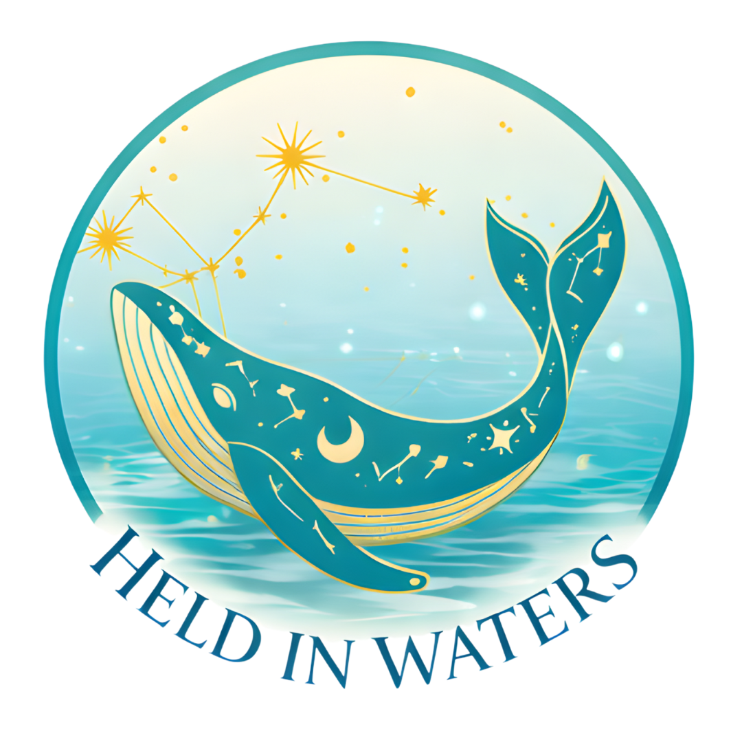 A logo featuring a whale with star and moon designs, swimming in water with a starry sky background. The text "HELD IN WATERS" is at the bottom of the logo.
