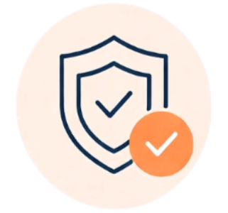 Shield icon with a checkmark inside and an orange circle with a checkmark overlay