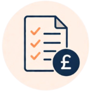 A checklist with three checkmarks and a pound currency symbol, representing financial or budget planning.
