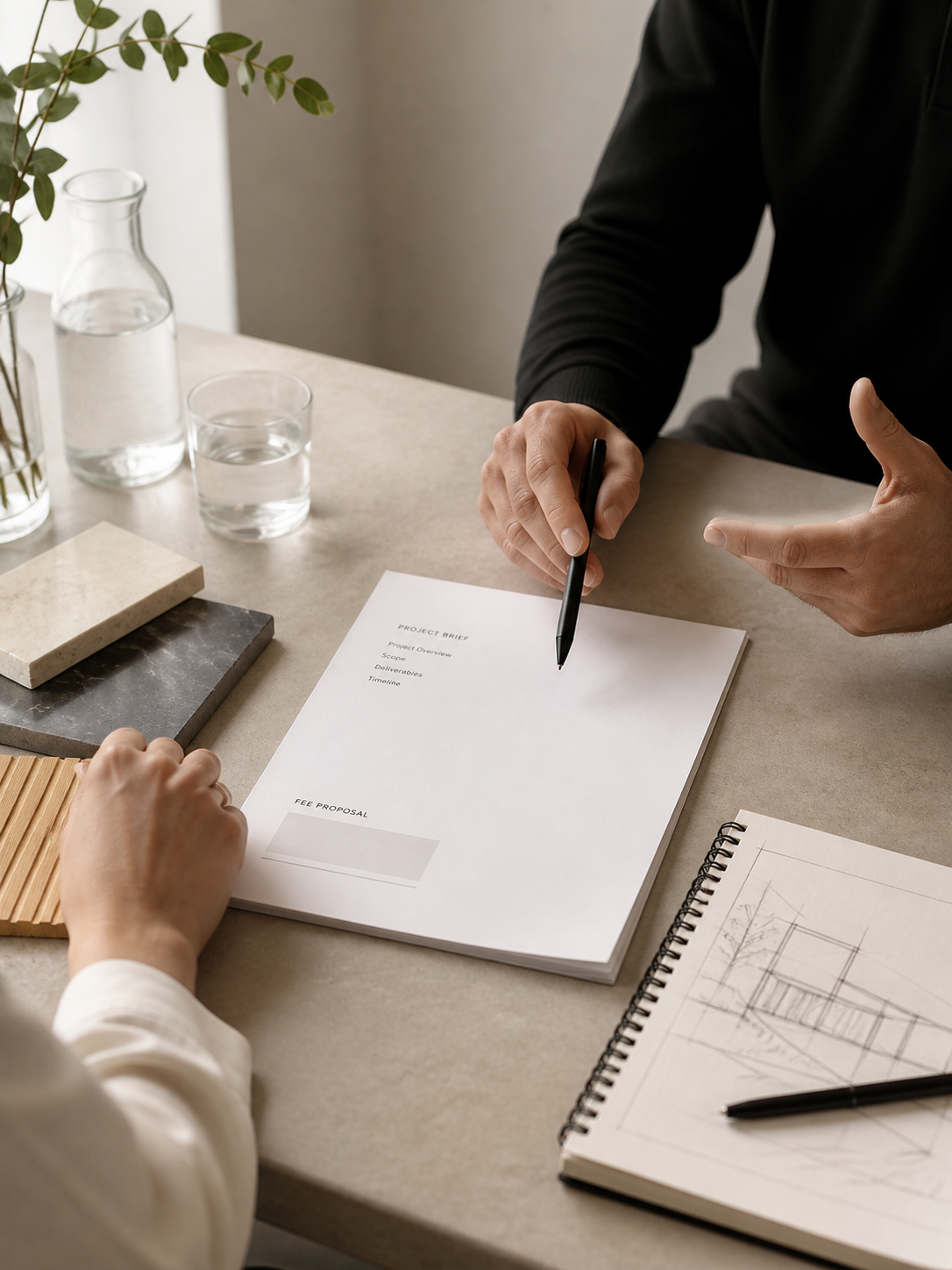 Two people discussing a project at a table with papers, a notebook, and samples of materials.