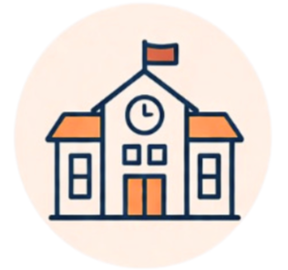 A simple illustration of a school building with a clock and a flag on top