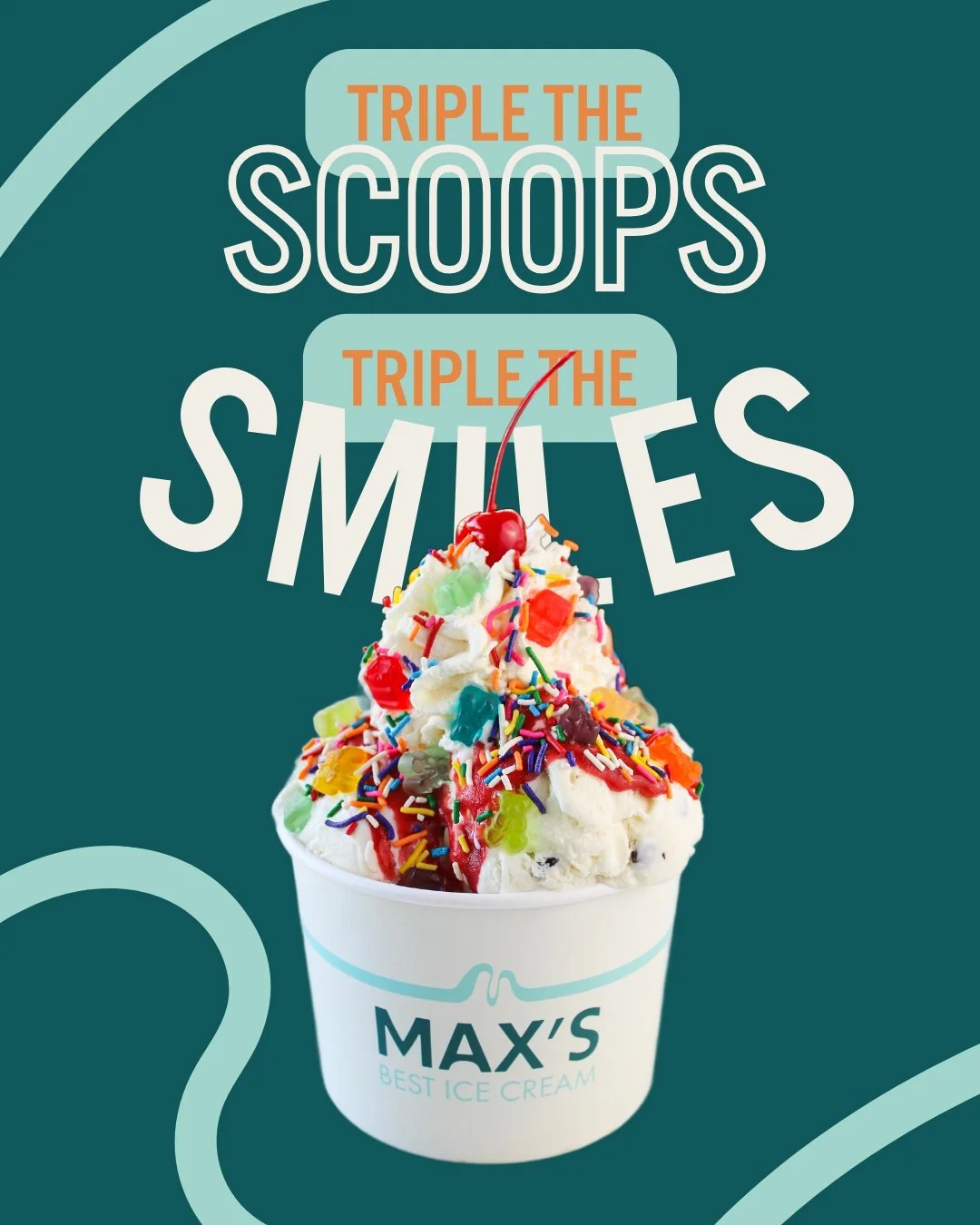 A triple scoop sundae from Max&rsquo;s Best Ice Cream means triple the scoops and triple the smiles.

Whether you visit us in the shop or order from DoorDash - you get to choose three scoops of your favorite ice cream flavors, three toppings like our