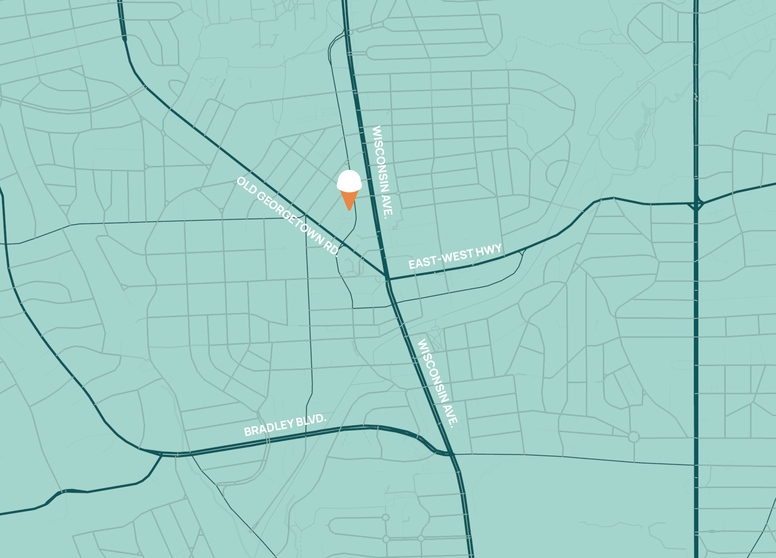 Map of a neighborhood with street names including Old Georgetown Road, Wisconsin Avenue, East-West Highway, and Bradley Boulevard. A location marker resembling an ice cream cone with a white scoop and orange cone is placed near Wisconsin Avenue across from Old Georgetown Road.