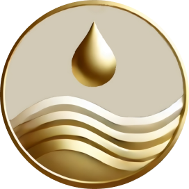 Gouden druppel boven golven op een beige achtergrond in een ronde badge