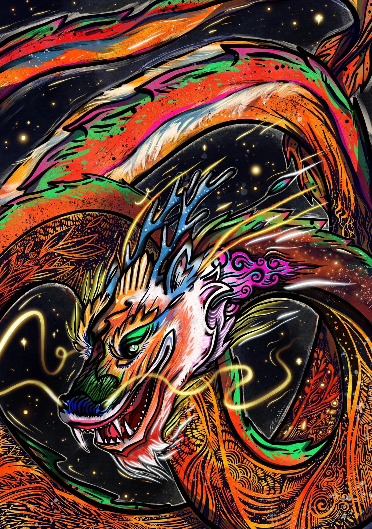 illustrated colourful multicoloured patterned dragon oriental Chinese zodiac lunar new year celebration mystical creature