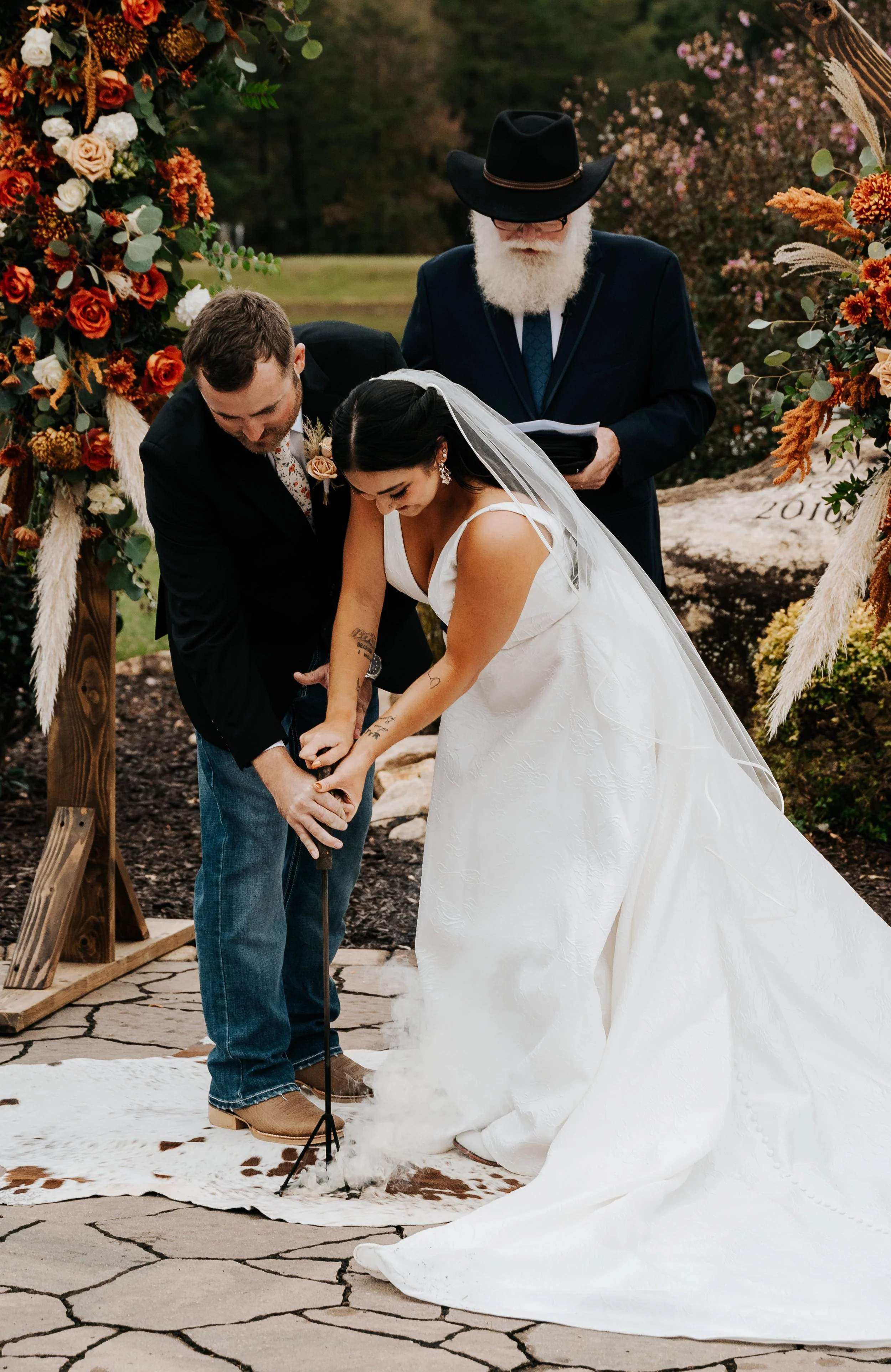 Bride and groom at fall wedding