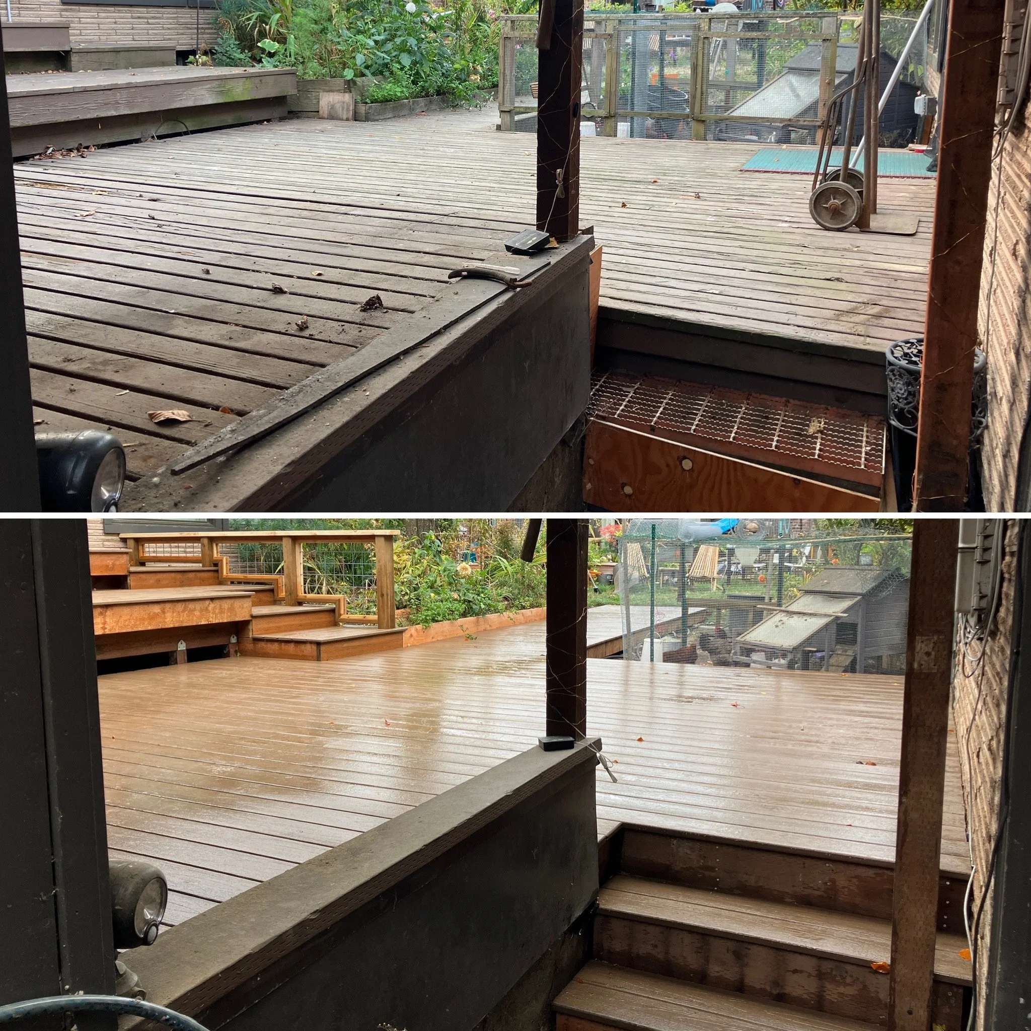 Comparison of a stained, dirty wooden deck in the top half and a newly cleaned, polished wooden deck in the bottom half.
