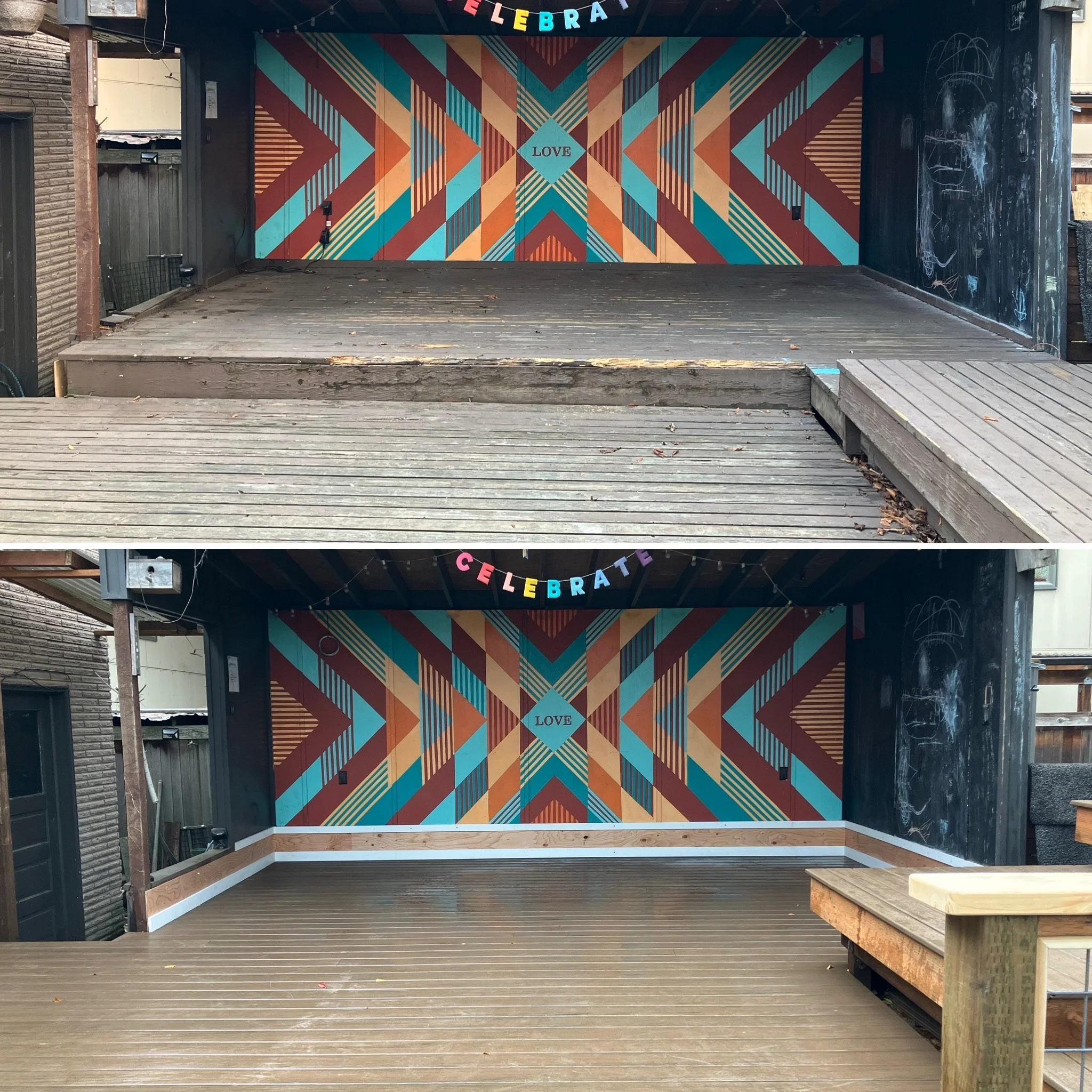 Before and after images of an outdoor stage with a colorful geometric mural, the top image showing an unfinished stage with bare wood and the bottom image showing the same stage completed with a new polished floor, painted border, and a