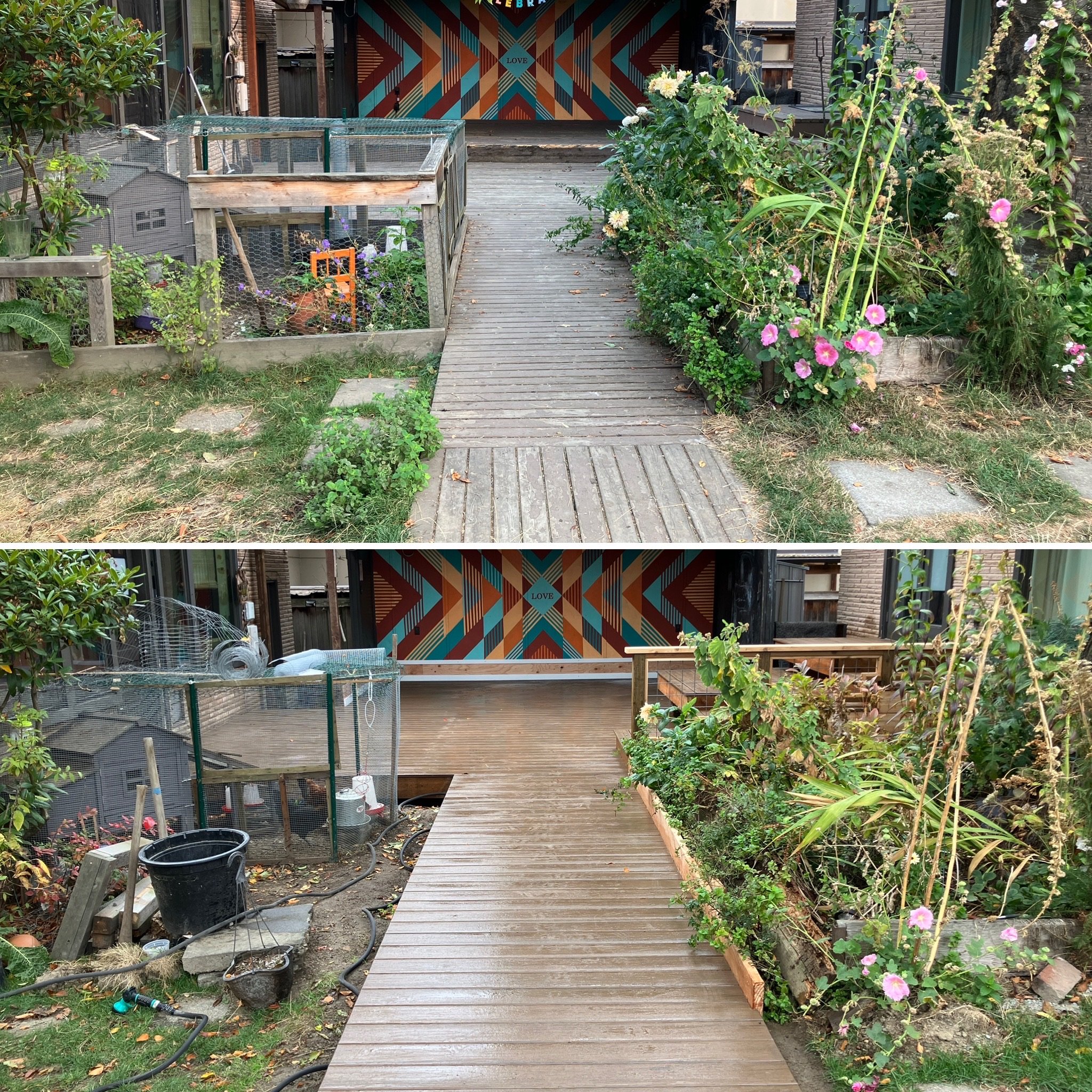 Side-by-side comparison of a garden pathway before and after renovation. The top image shows an older, weathered wooden pathway with overgrown plants and garden beds, while the bottom image shows a new, clean, and polished wooden pathway with neatly maintained plants. In the background, a colorful mural with geometric patterns and the word 'LOVE' is visible.