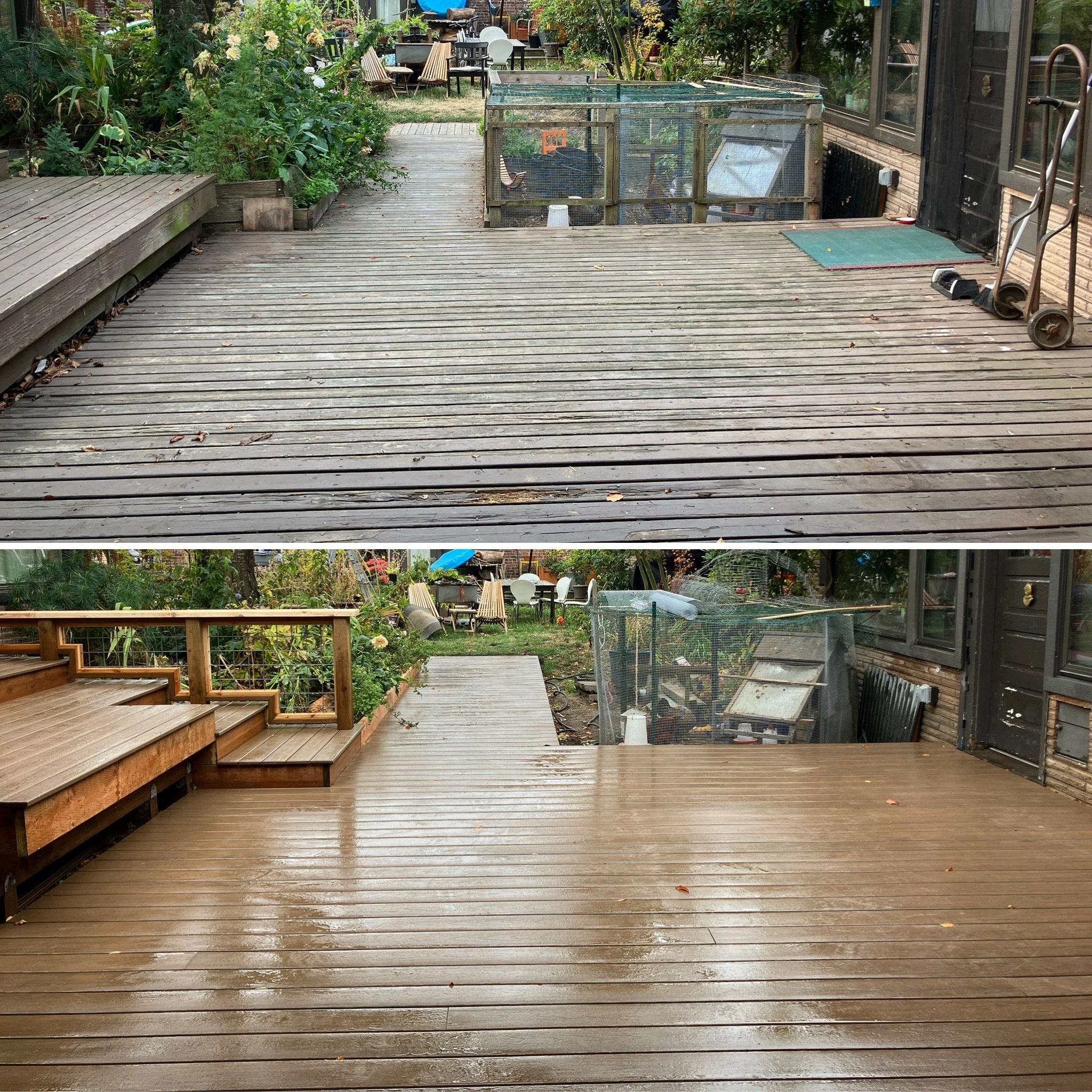 Comparison of a weathered outdoor wooden deck before and after cleaning and refinishing, showing a significant restoration of the wood surface.