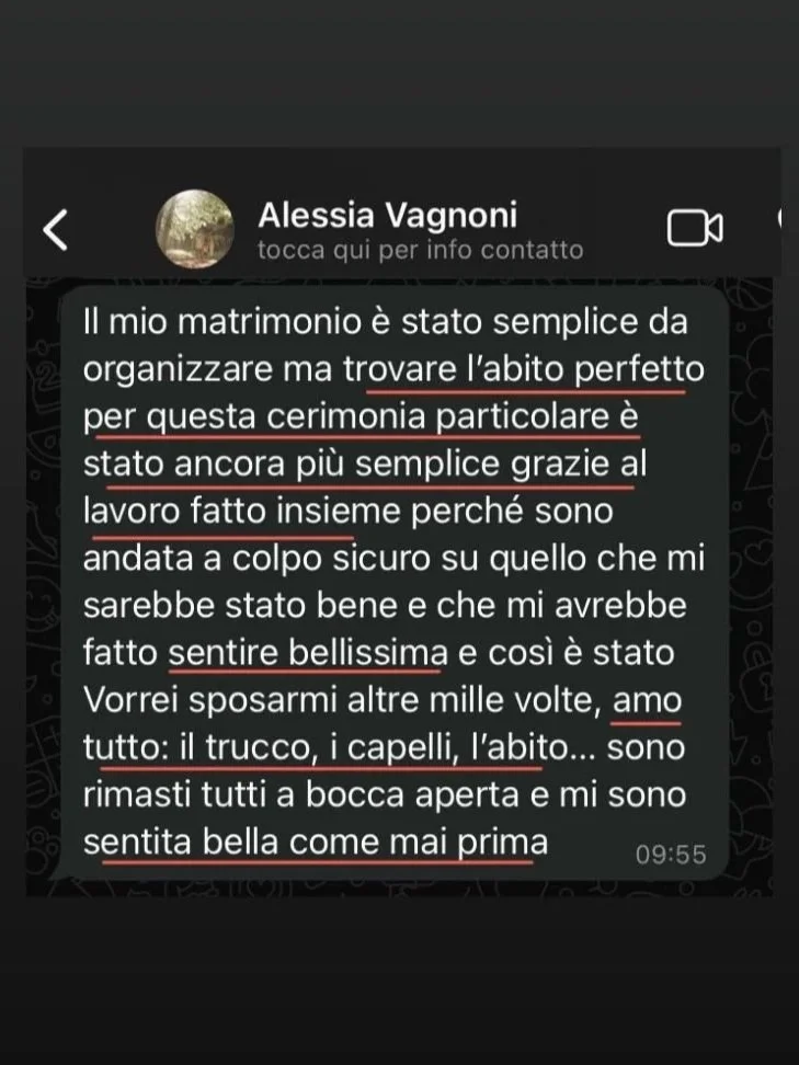 Conversazione WhatsApp con un messaggio di Alessia Vagnoni che parla del suo matrimonio, del vestito e del suo aspetto.
