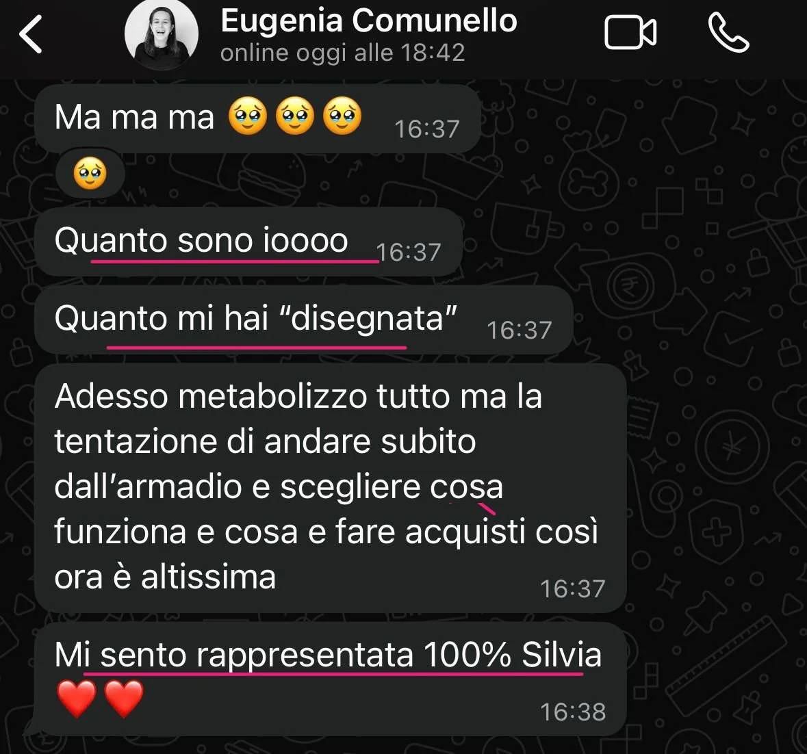 Screenshot di una conversazione WhatsApp tra Eugenia Comunello e Silvia. Si vede il nome e l'immagine del profilo di Eugenia, con testo in italiano.