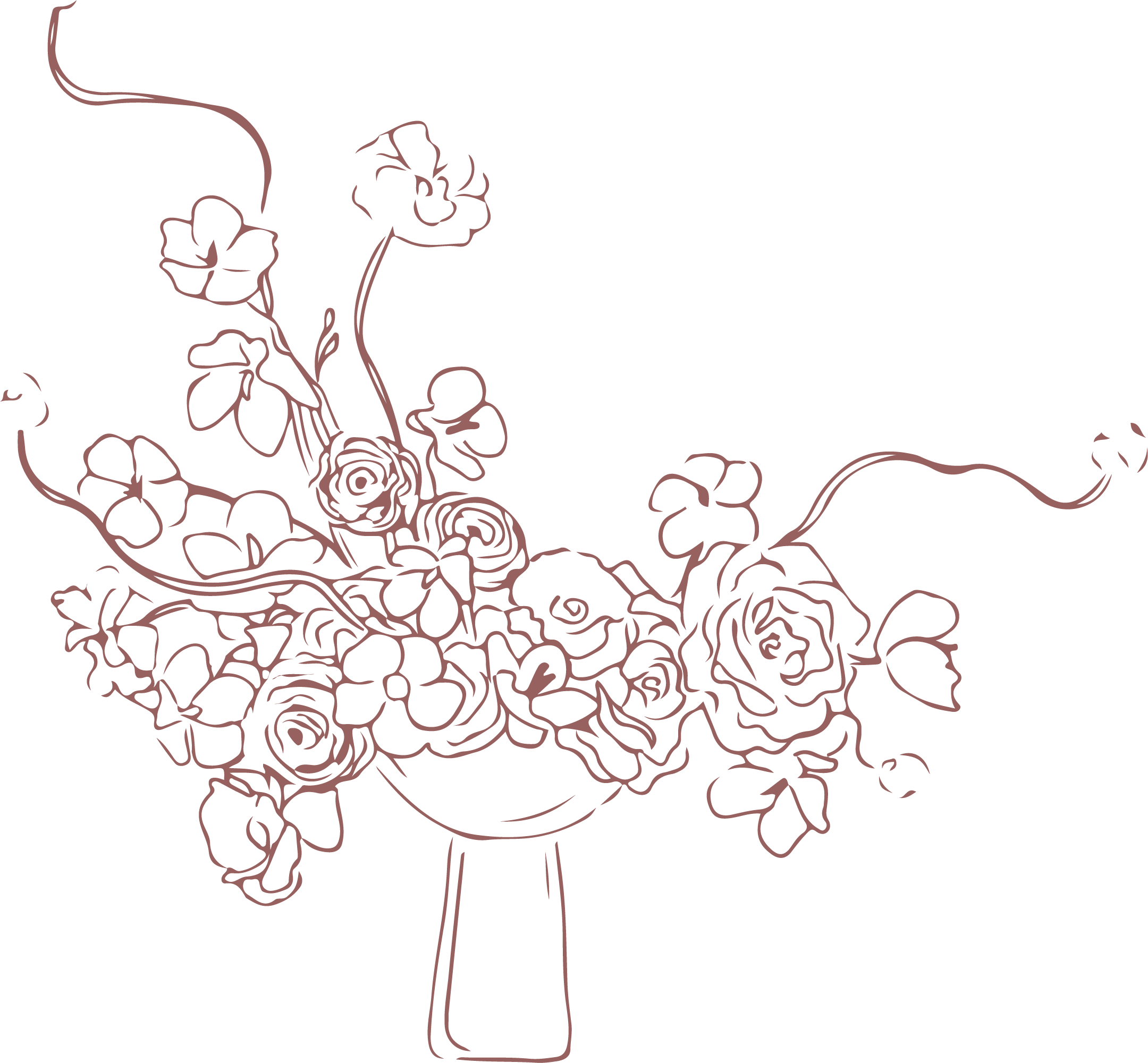 Outline of a bouquet of roses and flowers arranged in a vase on a black background.