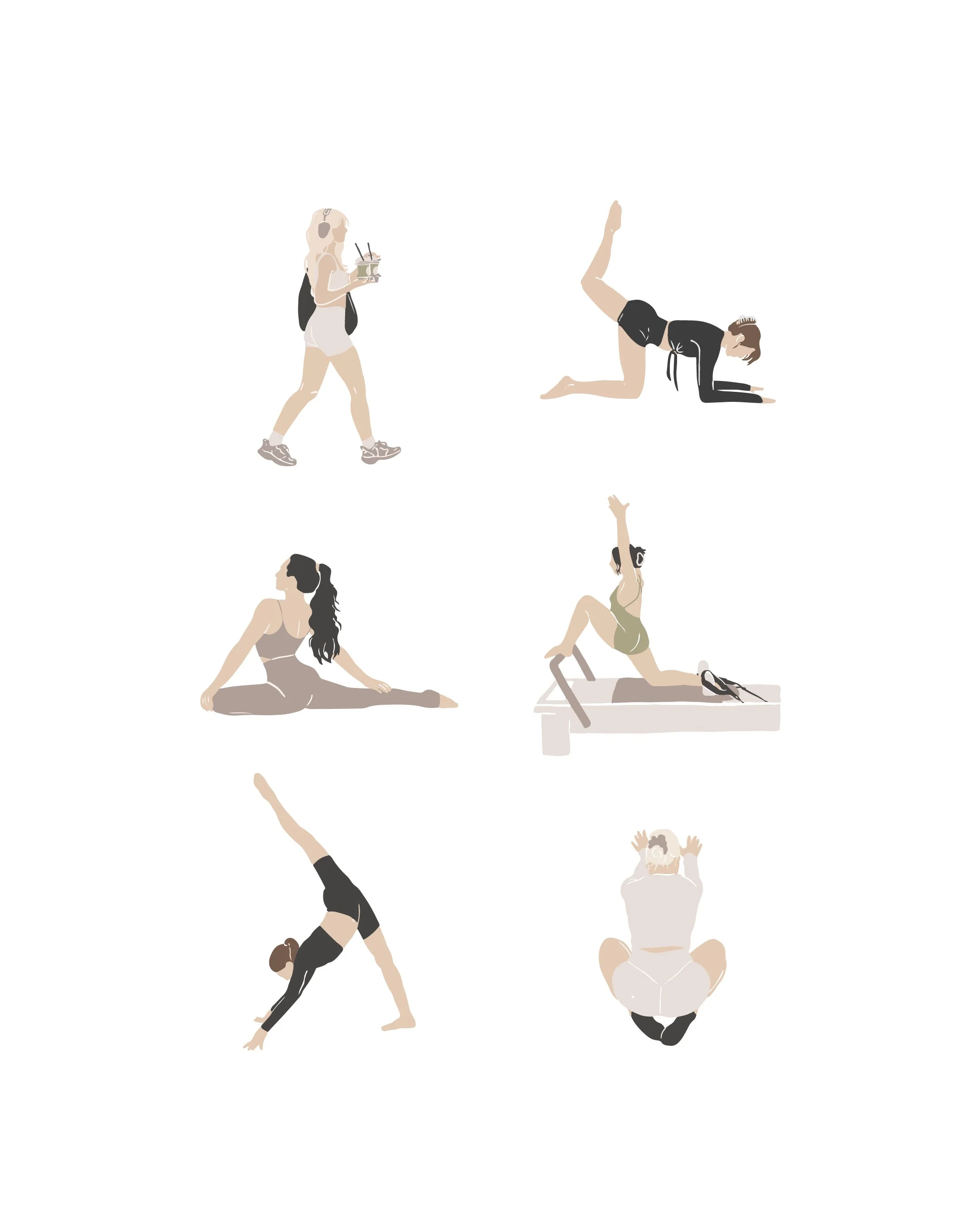 Collection of six women performing various yoga poses and activities, including walking with a drink, lunging, sitting, stretching, doing a handstand, and sitting cross-legged.