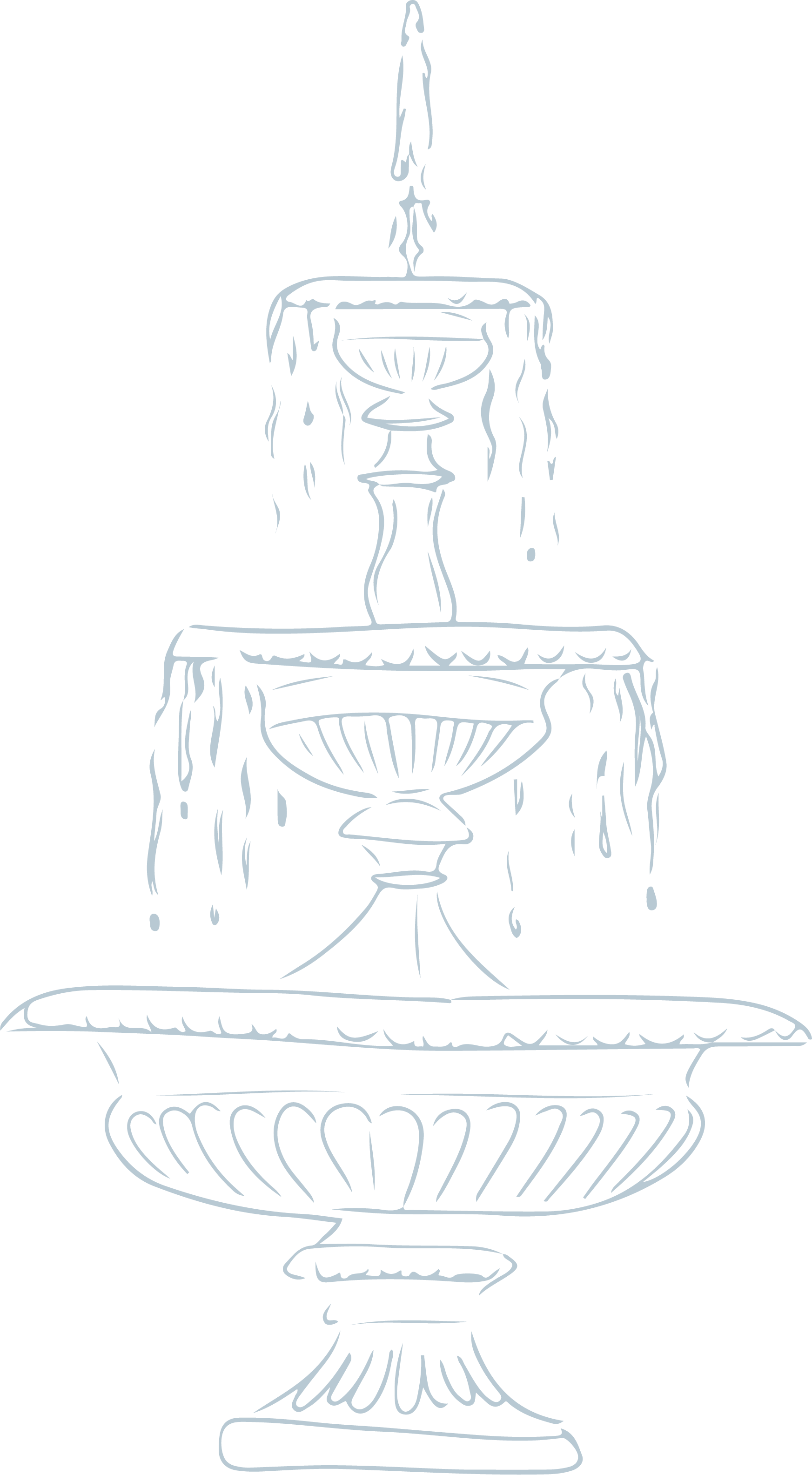 Line drawing of a multi-tiered fountain with water flowing from the top down to the base, set against a black background.