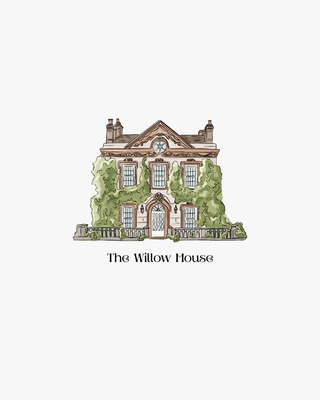 Illustration of a large, two-story historic house with ivy growing on its front, labeled 'The Willow House'.