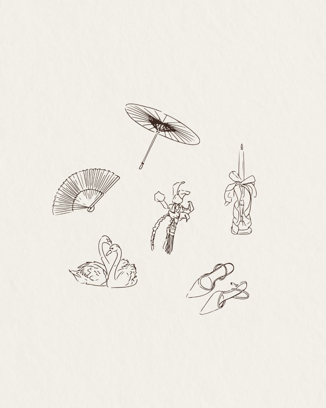 Line drawing of various summer vacation objects including a swan-shaped boat, a butterfly-style parasol, a folded fan, a dragonfly, a candle with ribbon, and a pair of flip-flops.