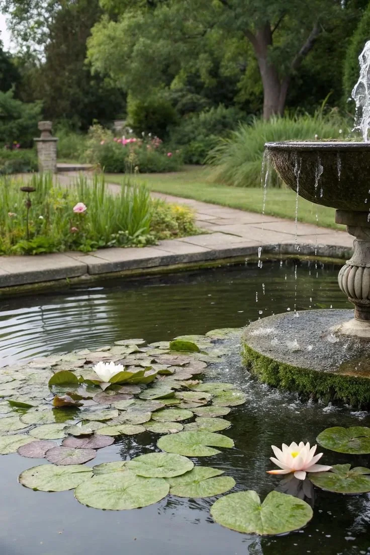 A tranquil garden pond with white water lilies, surrounded by lush green plants, with a stone fountain on the right side and a pathway leading through the garden in the background.