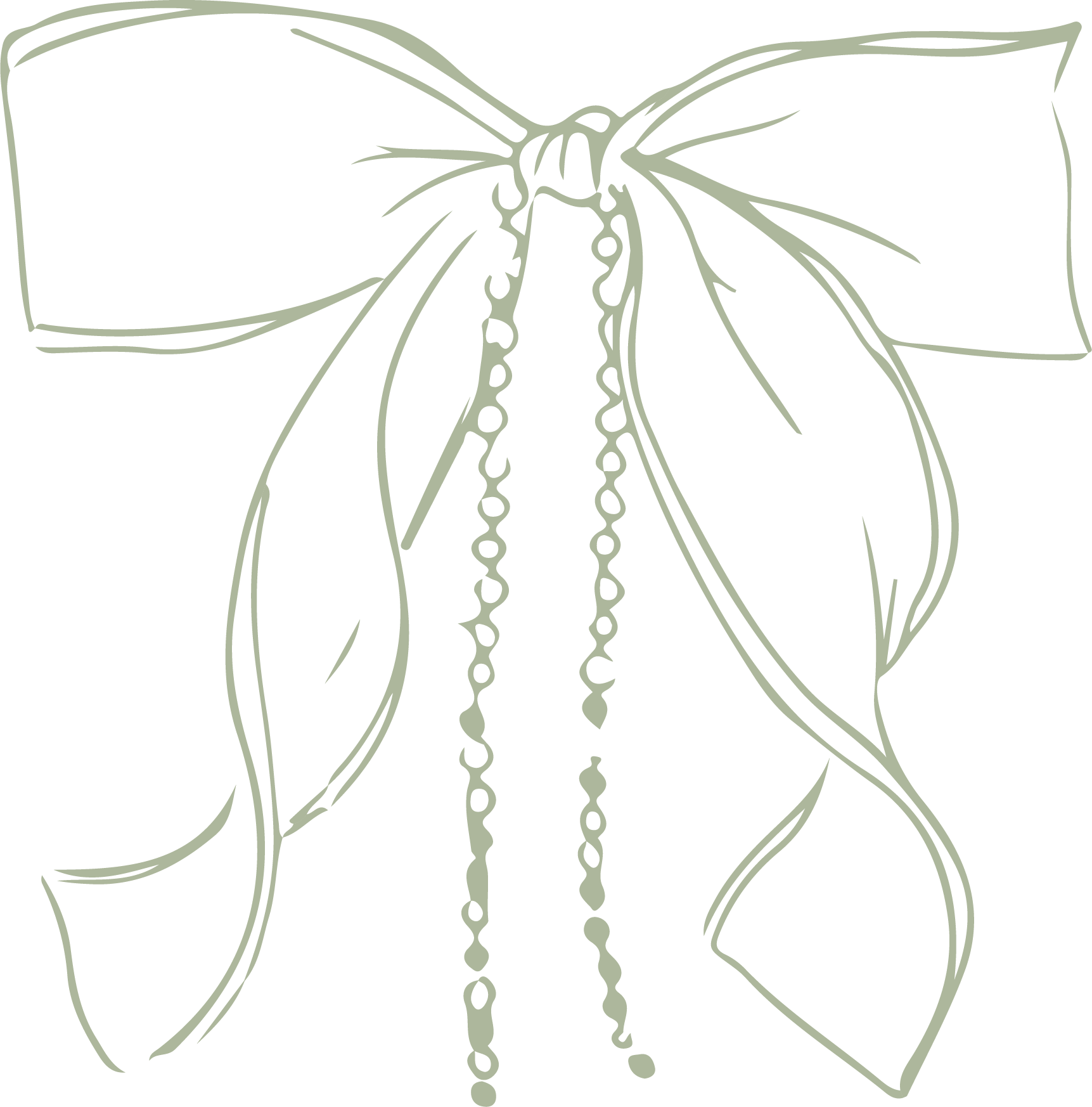 Line drawing of a ribbon with a bow and two hanging strands of beads or pearls on a black background.
