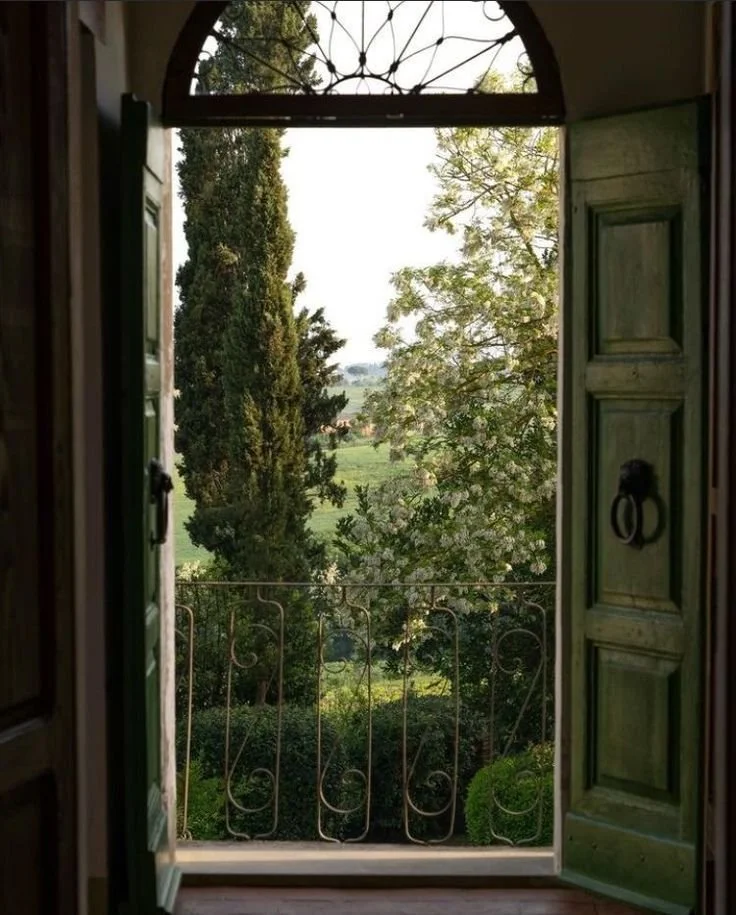 View through open green shutters showing a balcony with a decorative metal railing, overlooking lush green trees and fields in the distance.