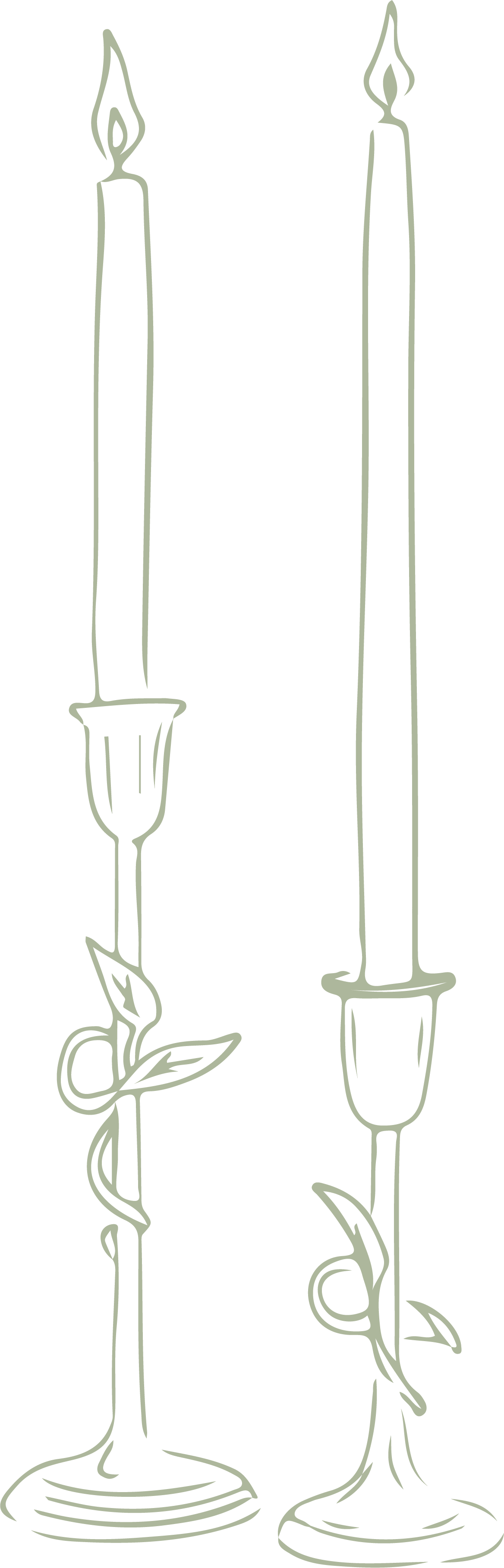 Outline drawing of two lit candles in candle holders, decorated with ribbons and leaves, set against a black background.