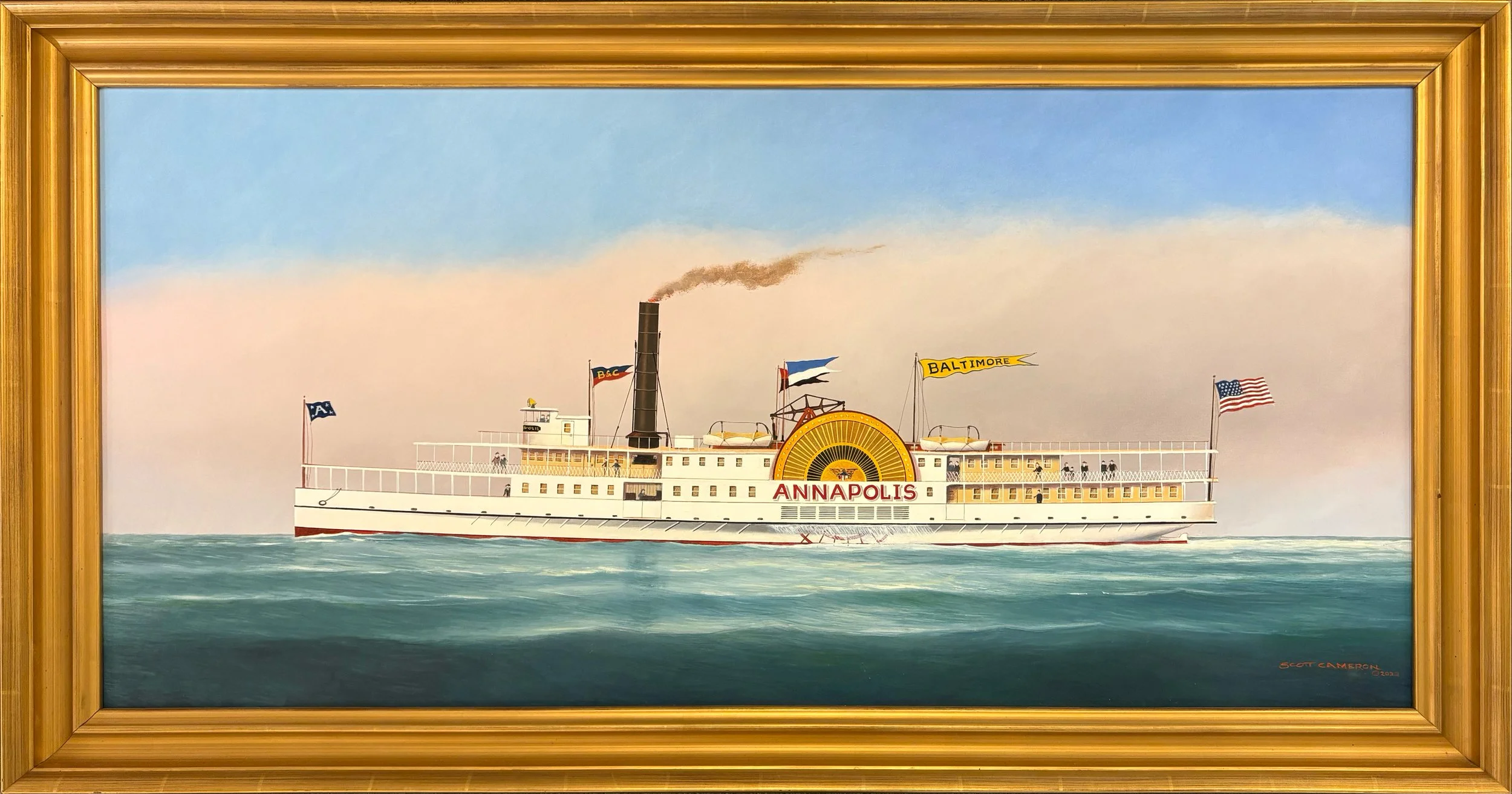 Scott Cameron painting titled Annapolis 22x46 $9800 oil broadside ferry under way