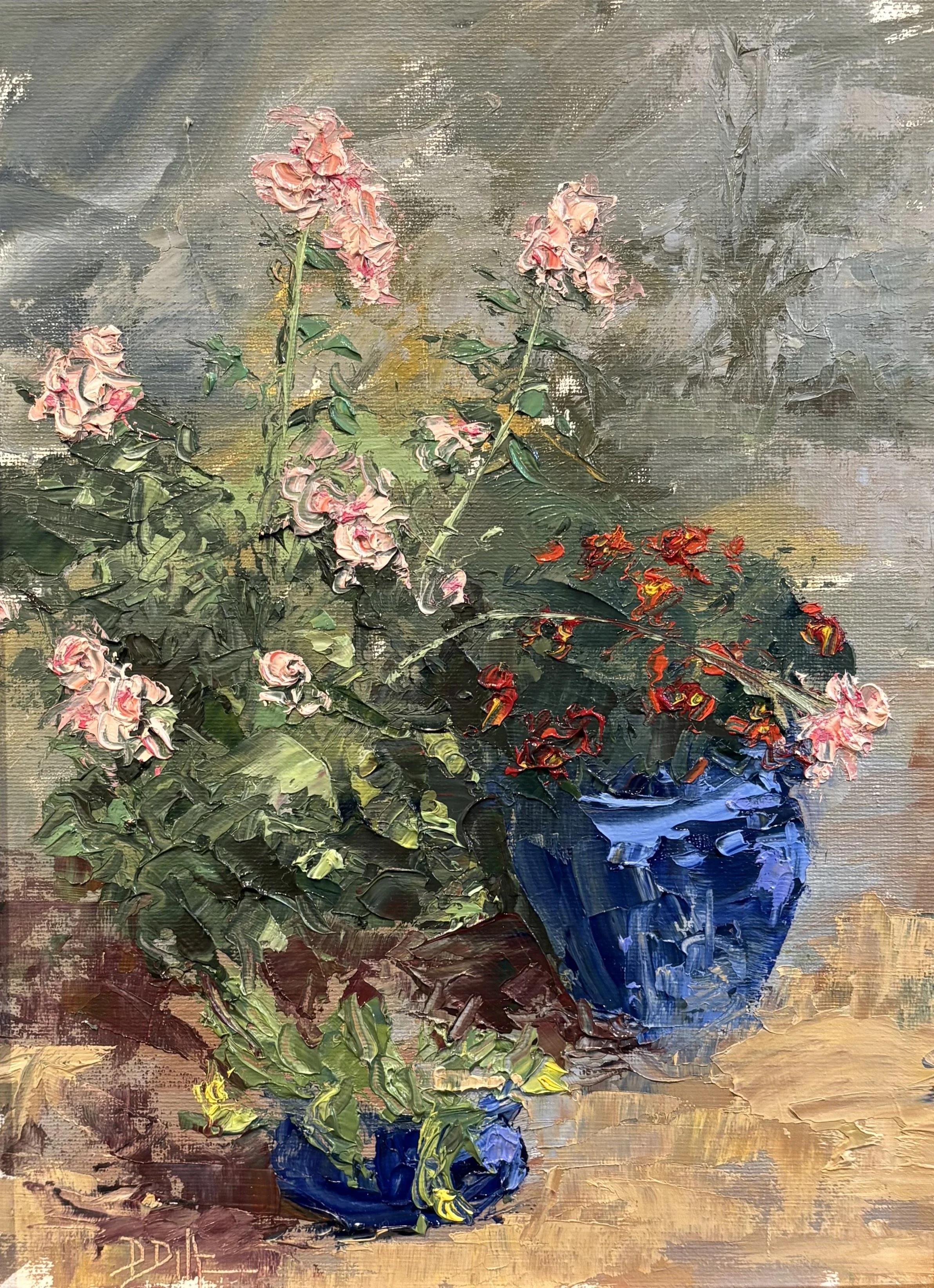 David Diaz oil painting titled Backyard Still Life 12x9 oil $900