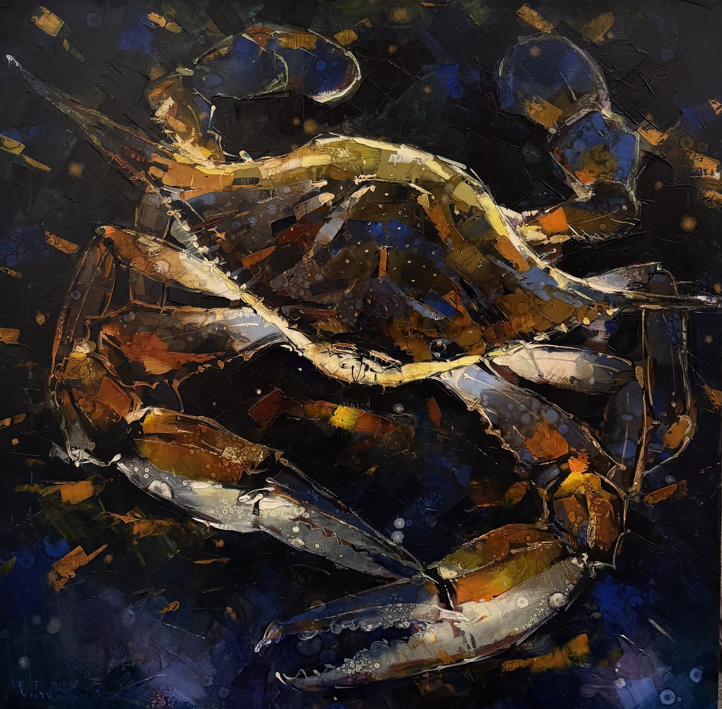 Vova Piven oil painting titled Bay Treasure 36x36 $4200 of a Chesapeake Bay Blue Crab under the water