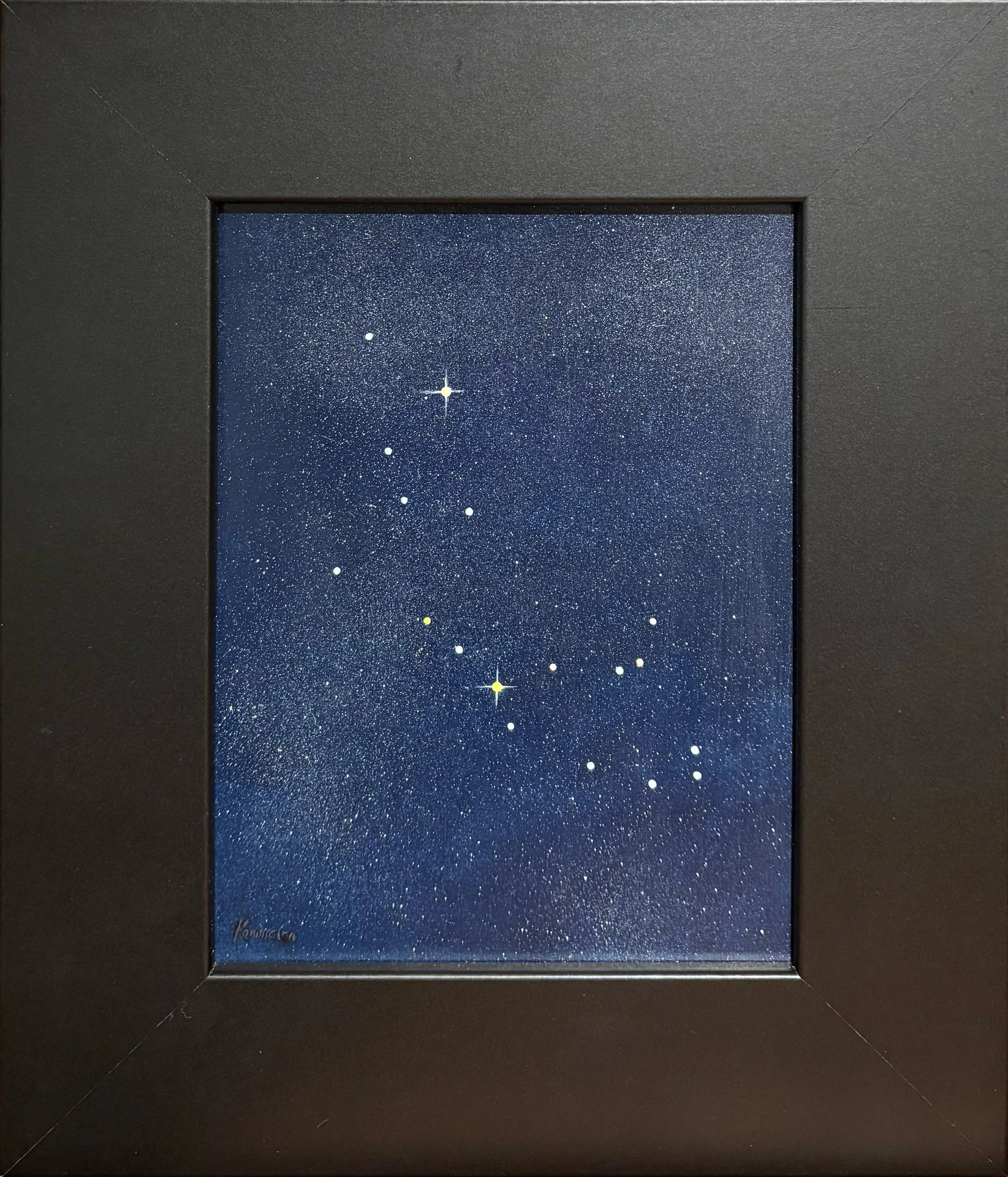 Deborah Kommalan oil painting titled Cassiopeia & Perseus 8x6 $650 of a constellation pictured in a black frame