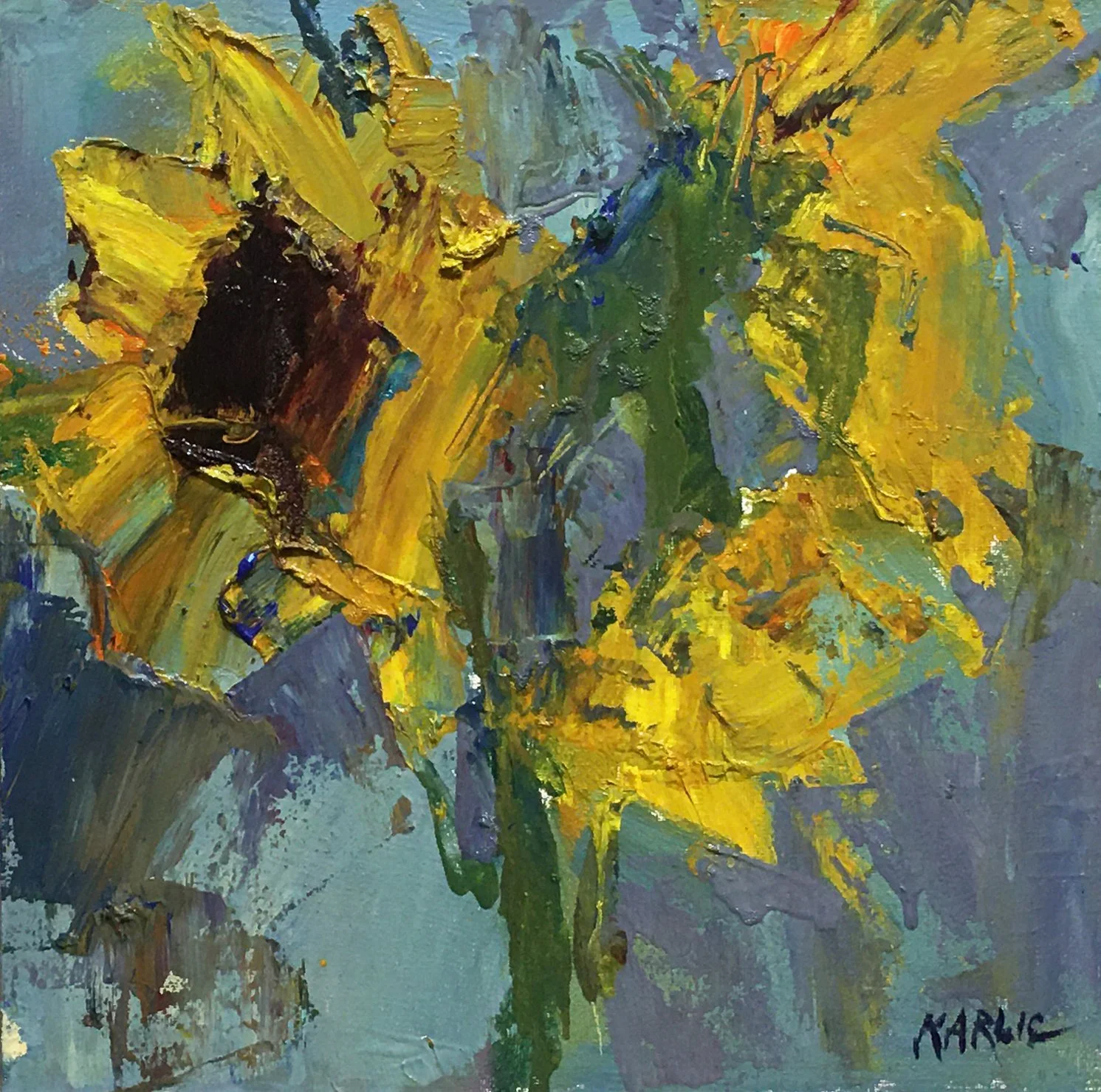Ken Karlic oil painting titled Turn To The Left 12x12 $1200 of abstracted Sunflowers