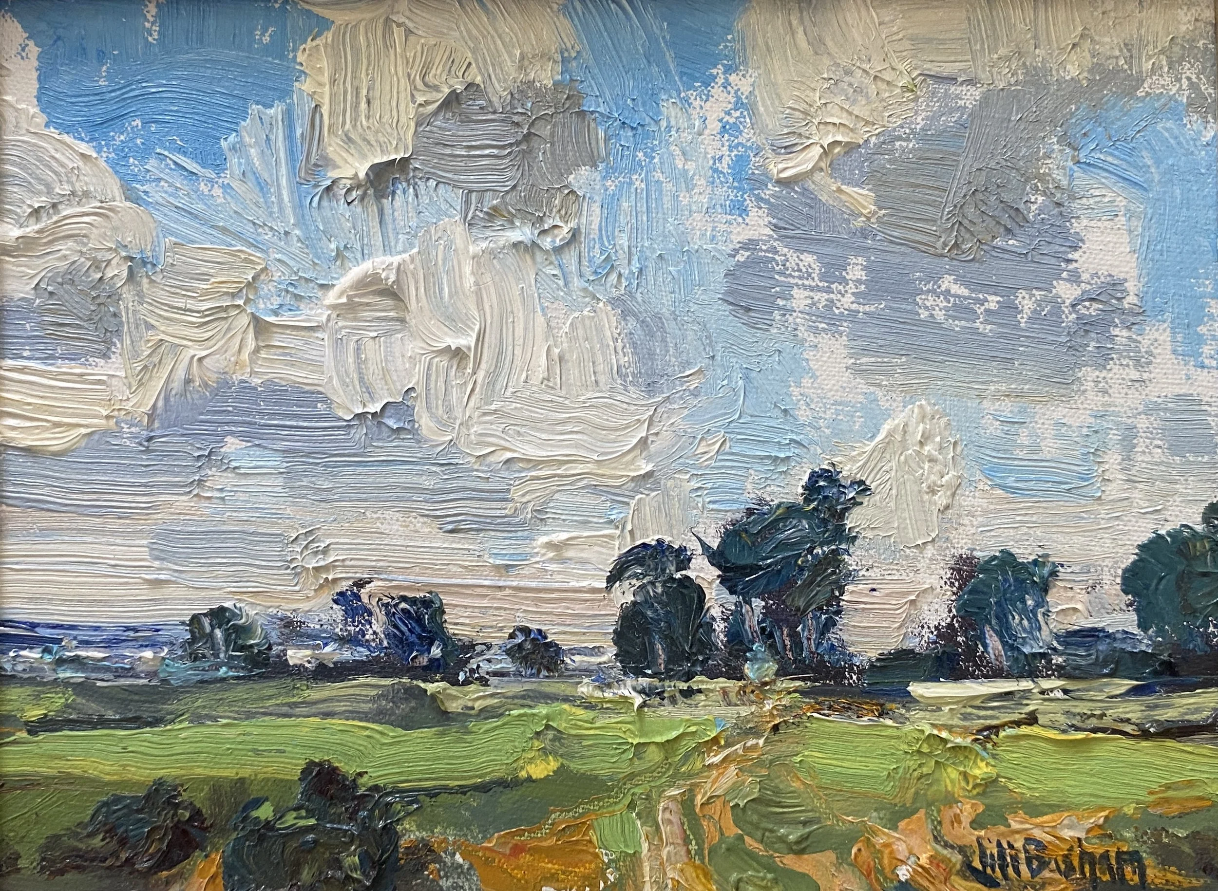 Jill Basham oil painting titled Coastal Field 6x8