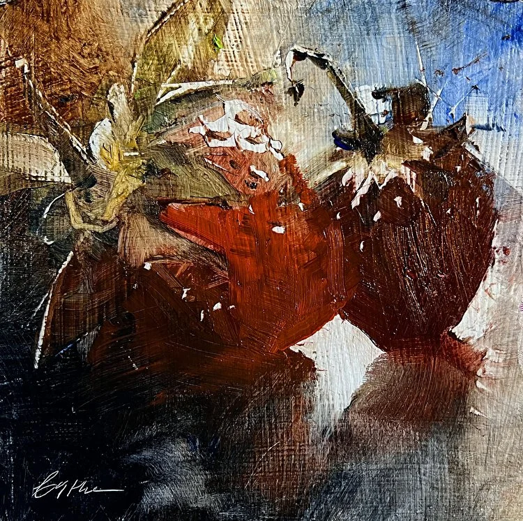 Beth Bathe oil painting titled Wild Berries 6 x 6 $450 of strawberries