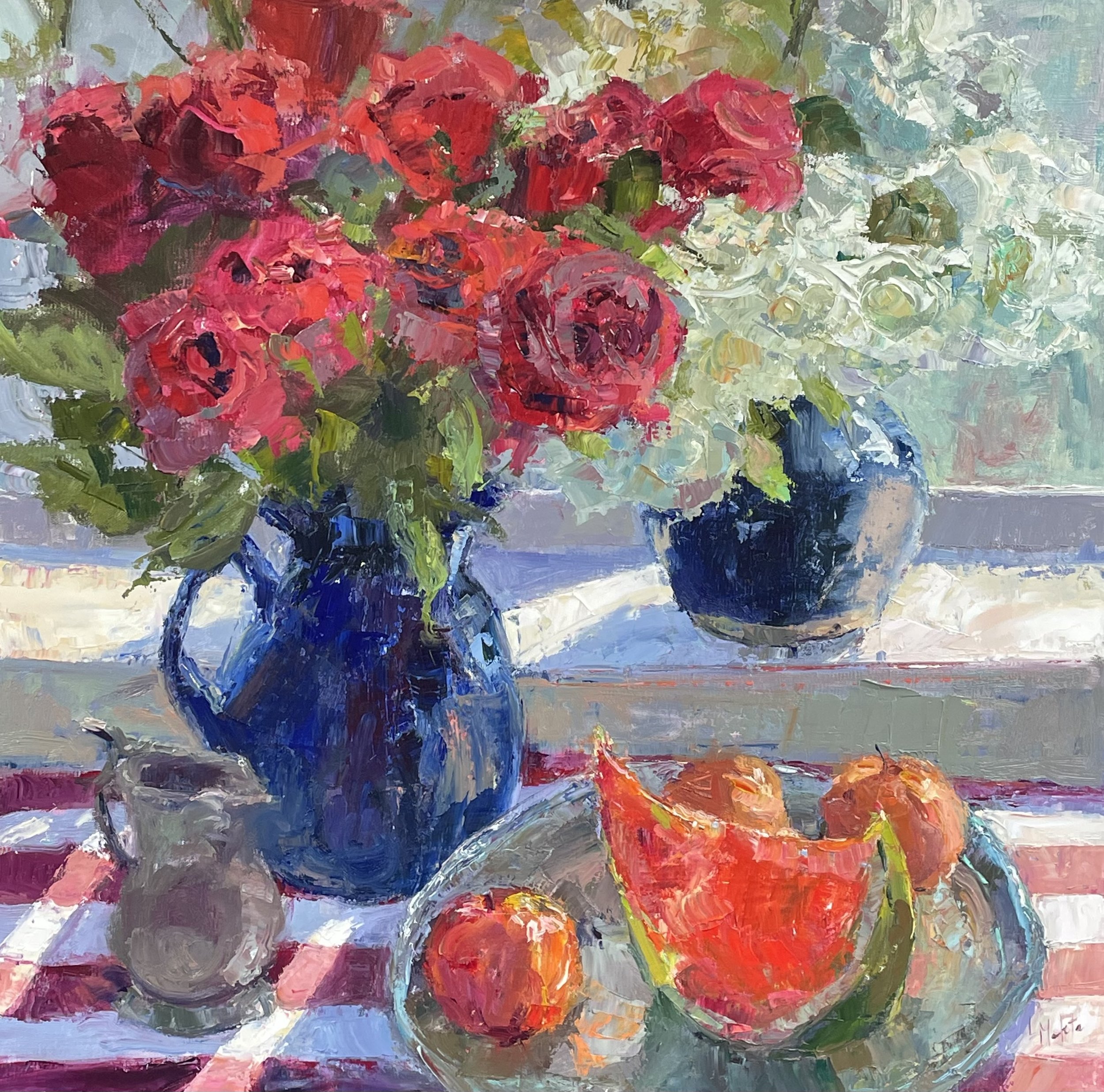 "July Roses" Lynn Mehta 20x20 oil $2200