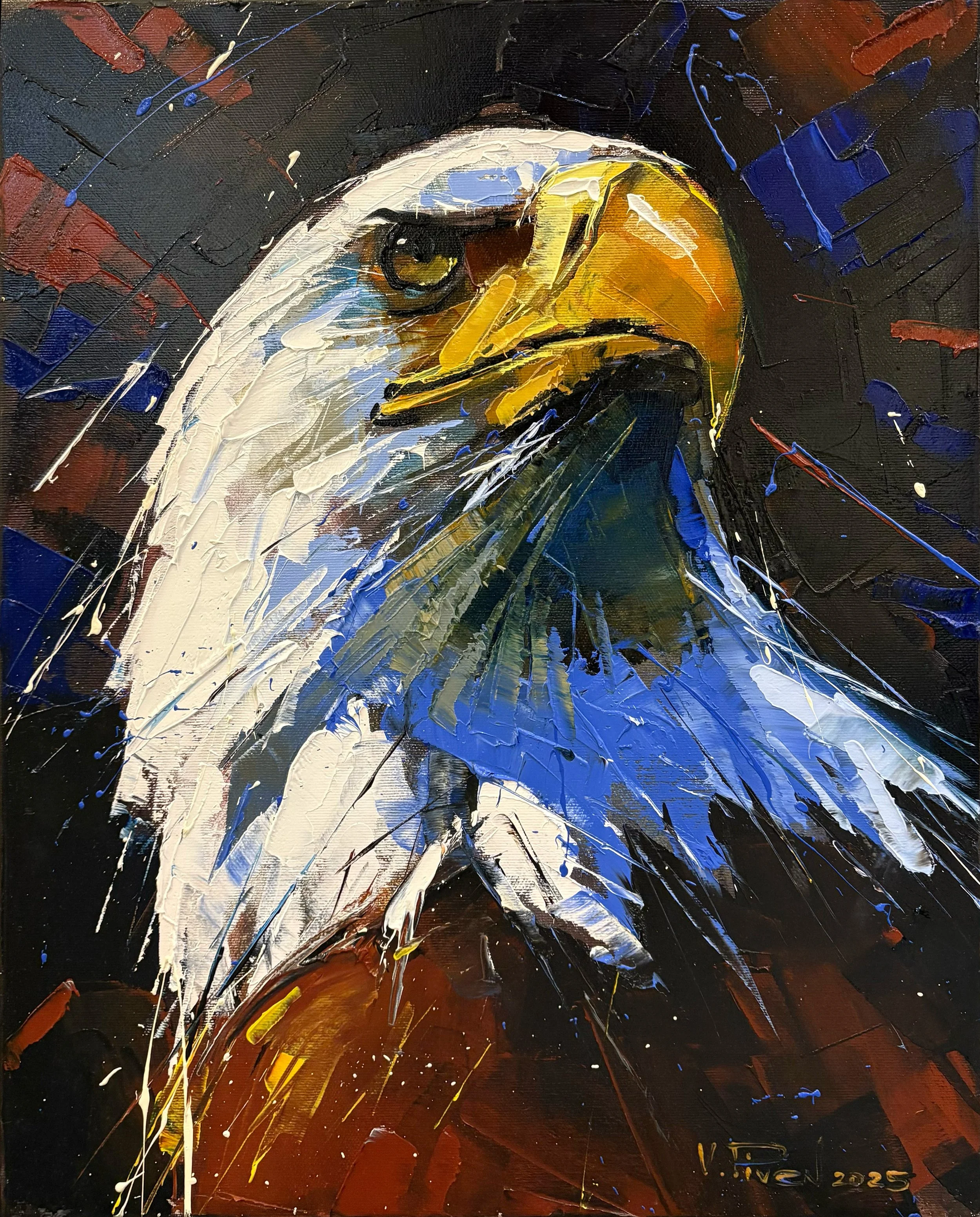 Vova Piven oil painting titled The Sentinel 20x15.5 $1400 of a bald eagle