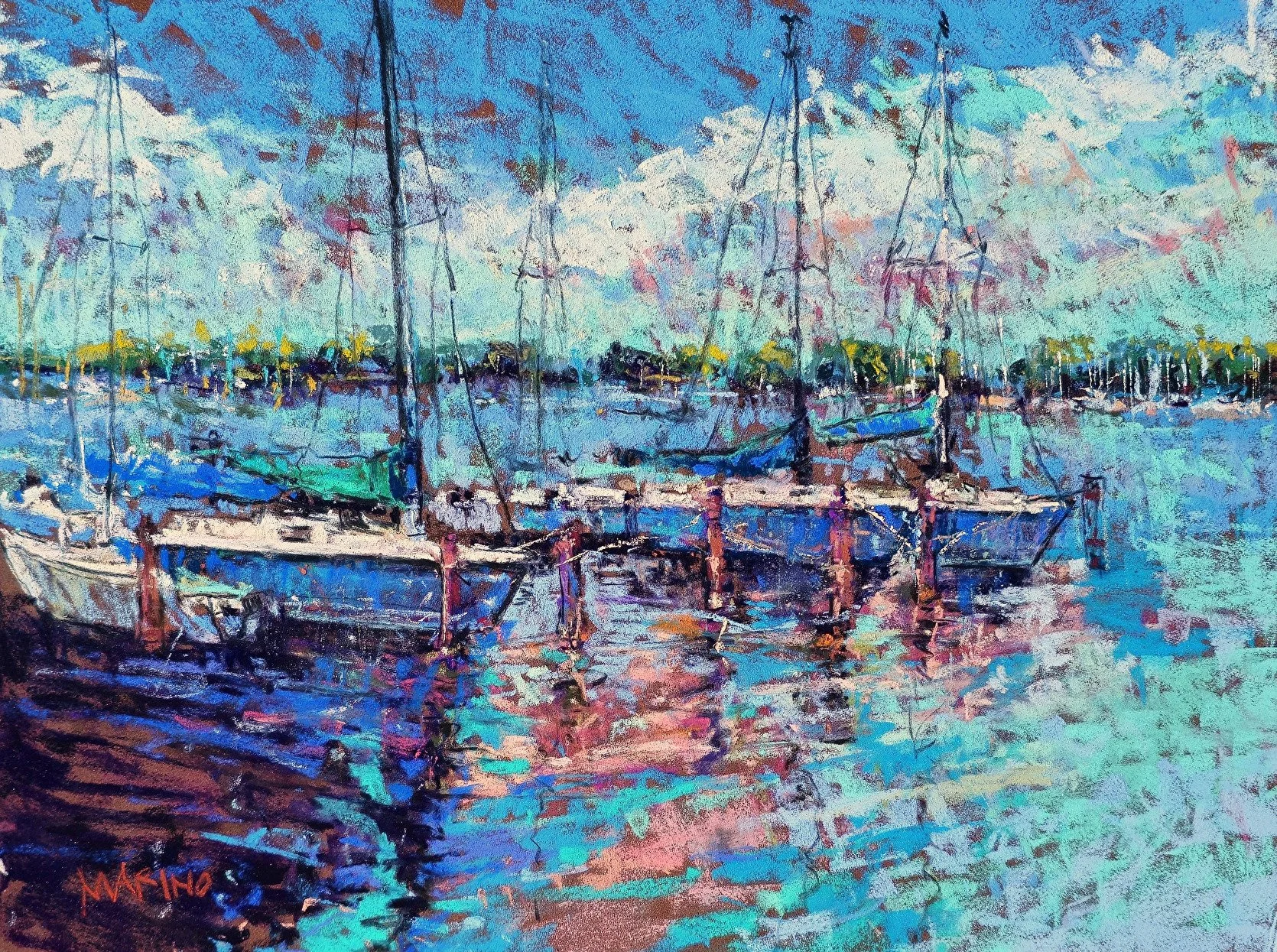 Original Maria Marino pastel titled Boats in the Harbor $2800