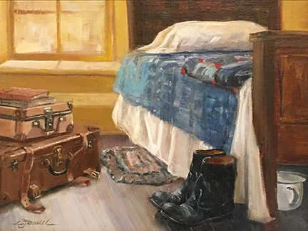 Cynthia Feustel oil painting titled The Traveler 9x12 $950 of an interior scene