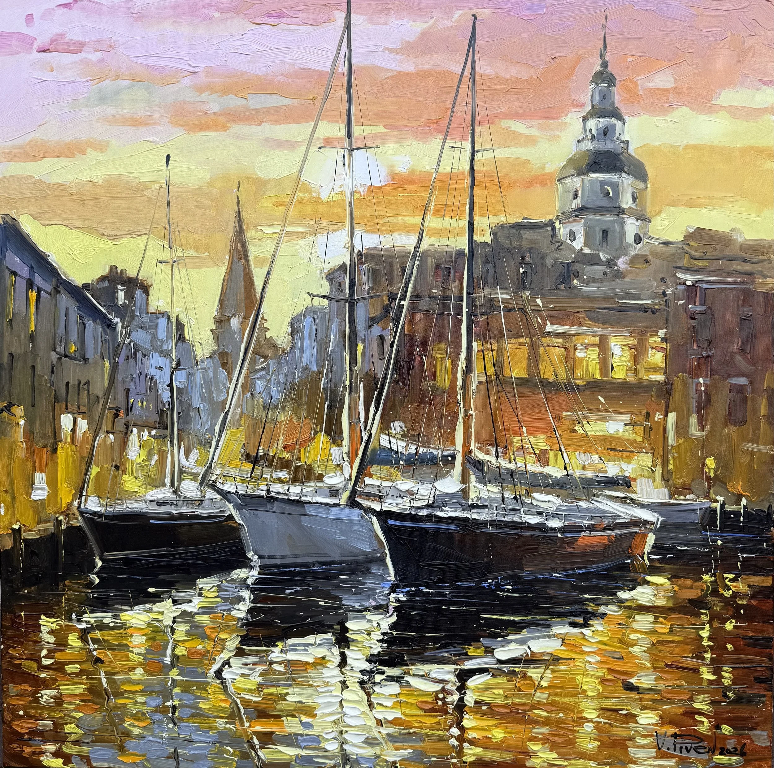 Vova Piven original painting titled Golden Sunset 36x36 oil $4200.