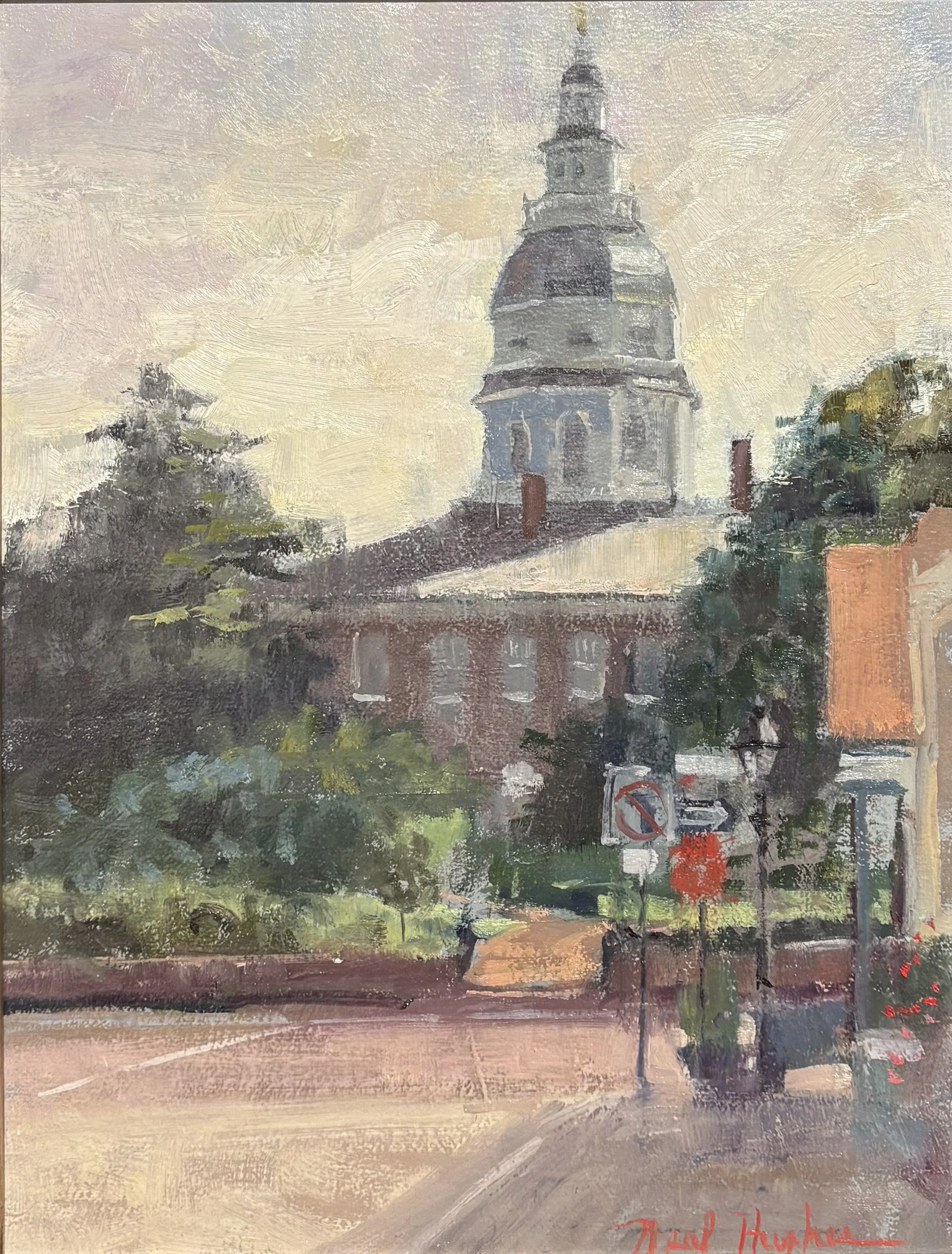 Neal Hughes oil painting titled State House 12x16 $1600 of the Annapolis Capitol Dome