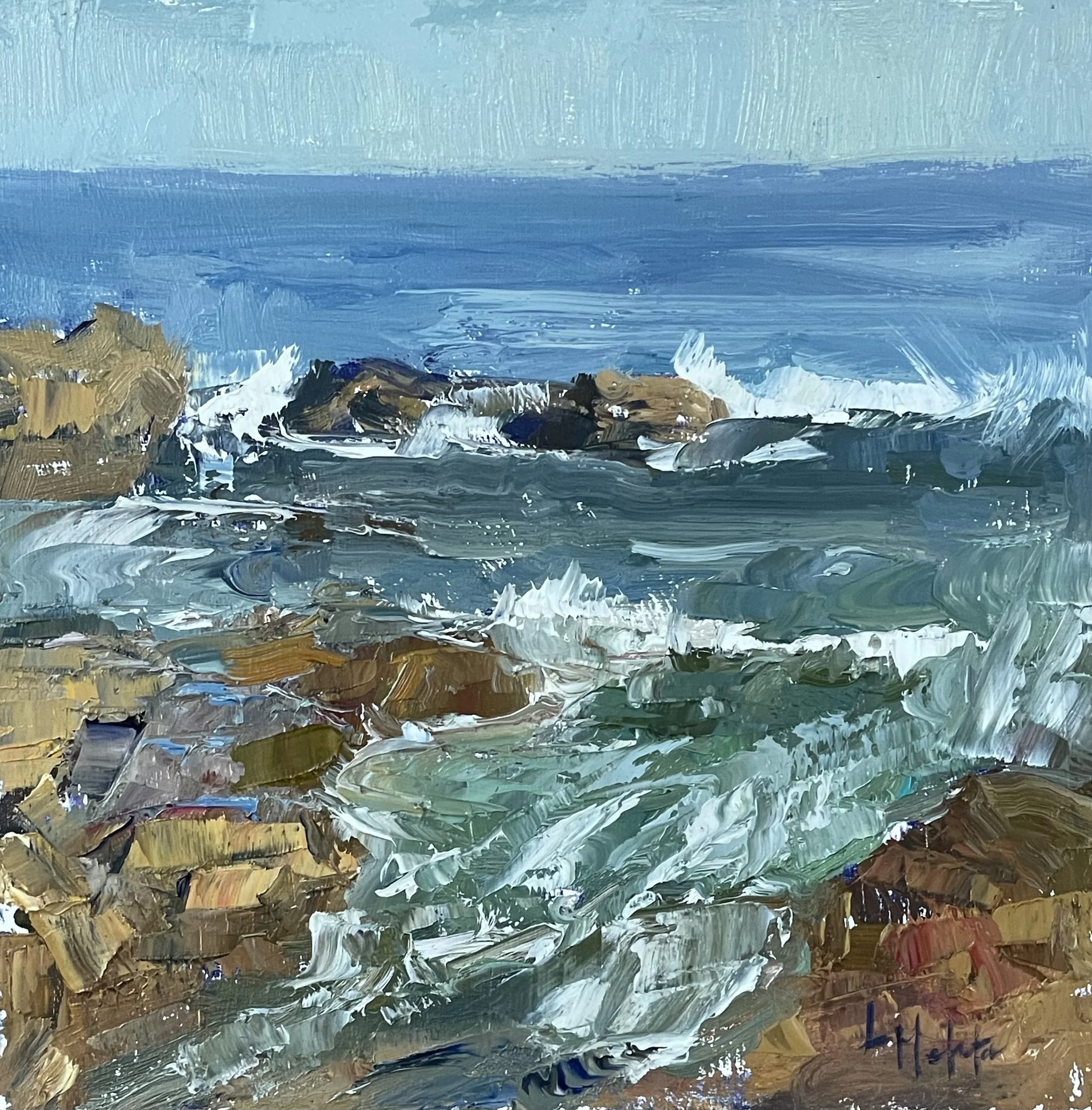 Lynn Mehta, Breaking Point at the Rocks 8 x 8 Oil  $550