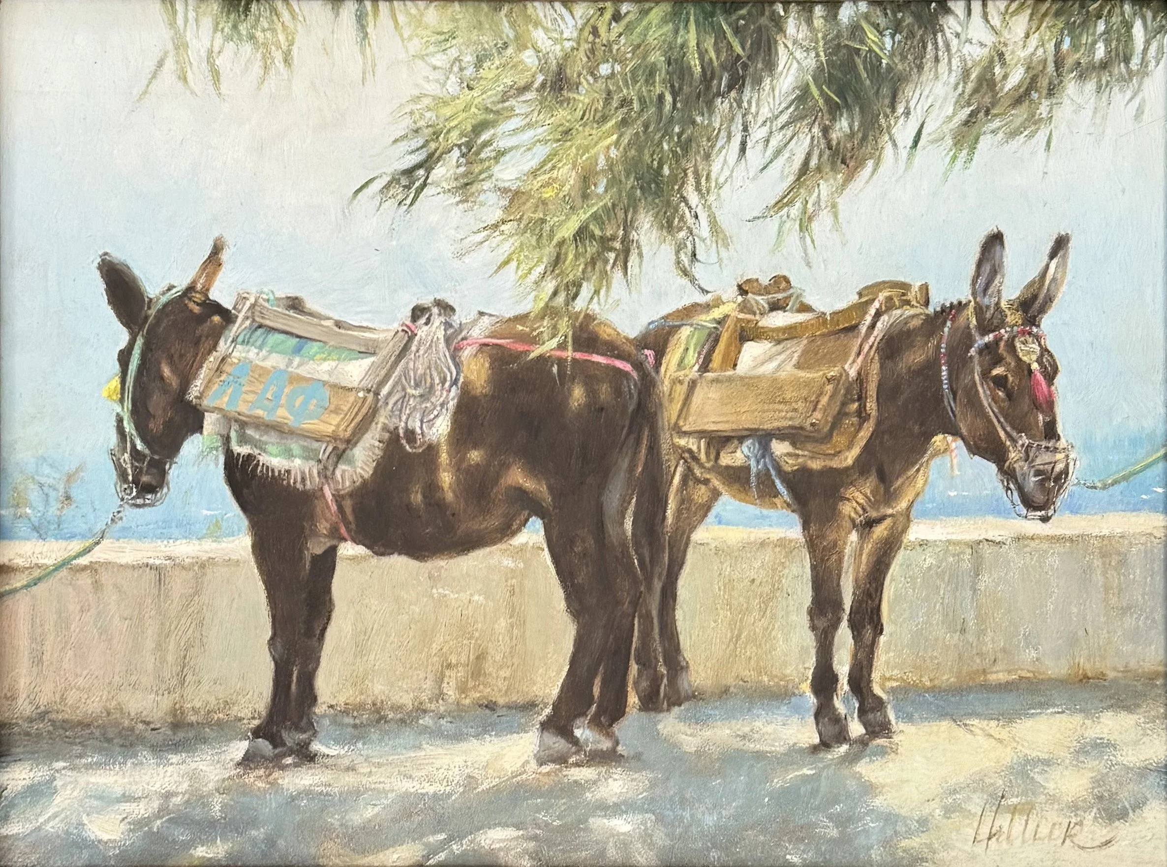 Matthew Hillier oil Painting titled Sea Breeze 9x12 $2300 of donkeys with saddles in dappled light.
