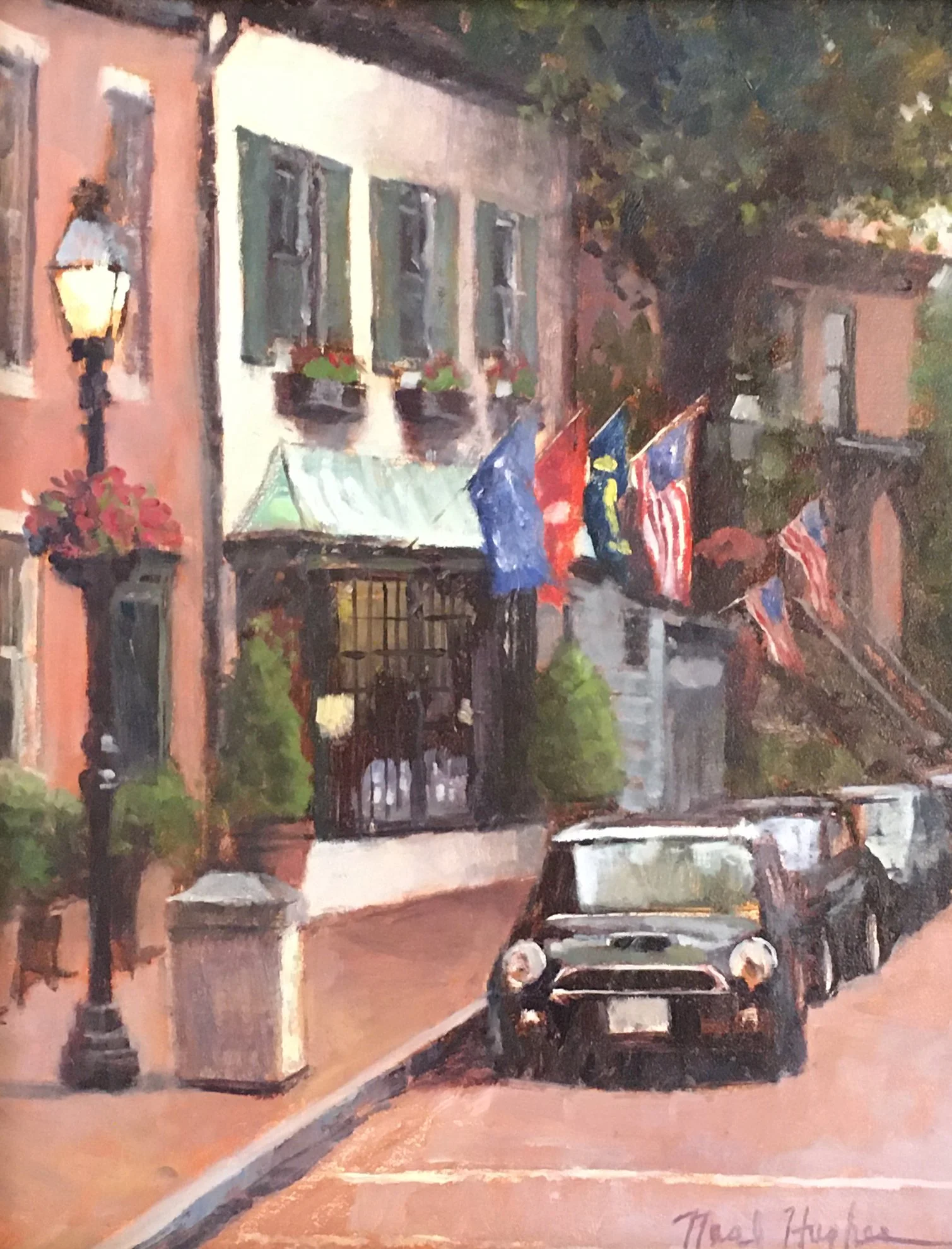 Neal Hughes oil painting titled Mini 14x11 oil $1400 of a mini cooper car parked on Church circle in front of Harrys in Annapolis